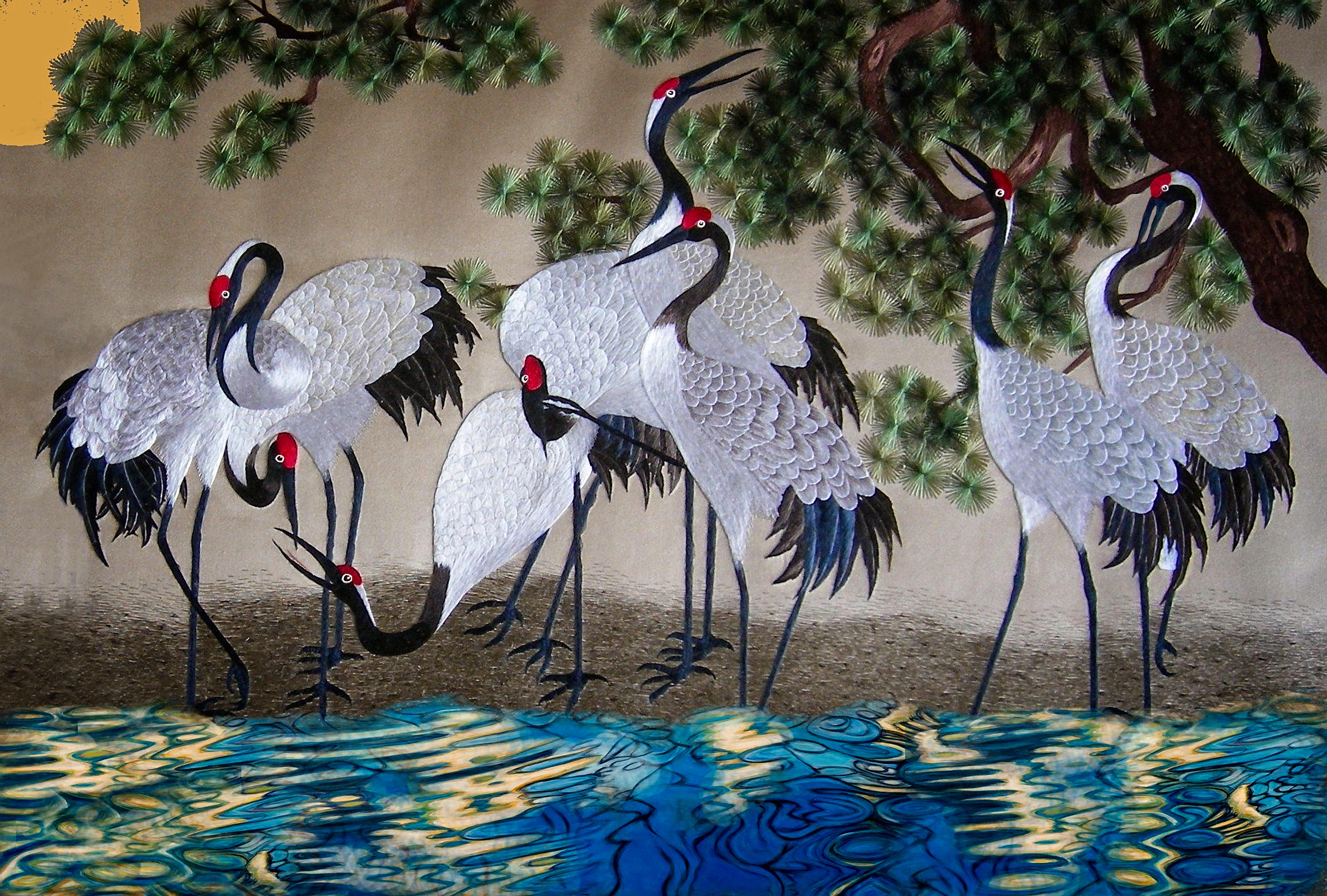 Clay Harris Abstract Painting - Cranes, Drinking