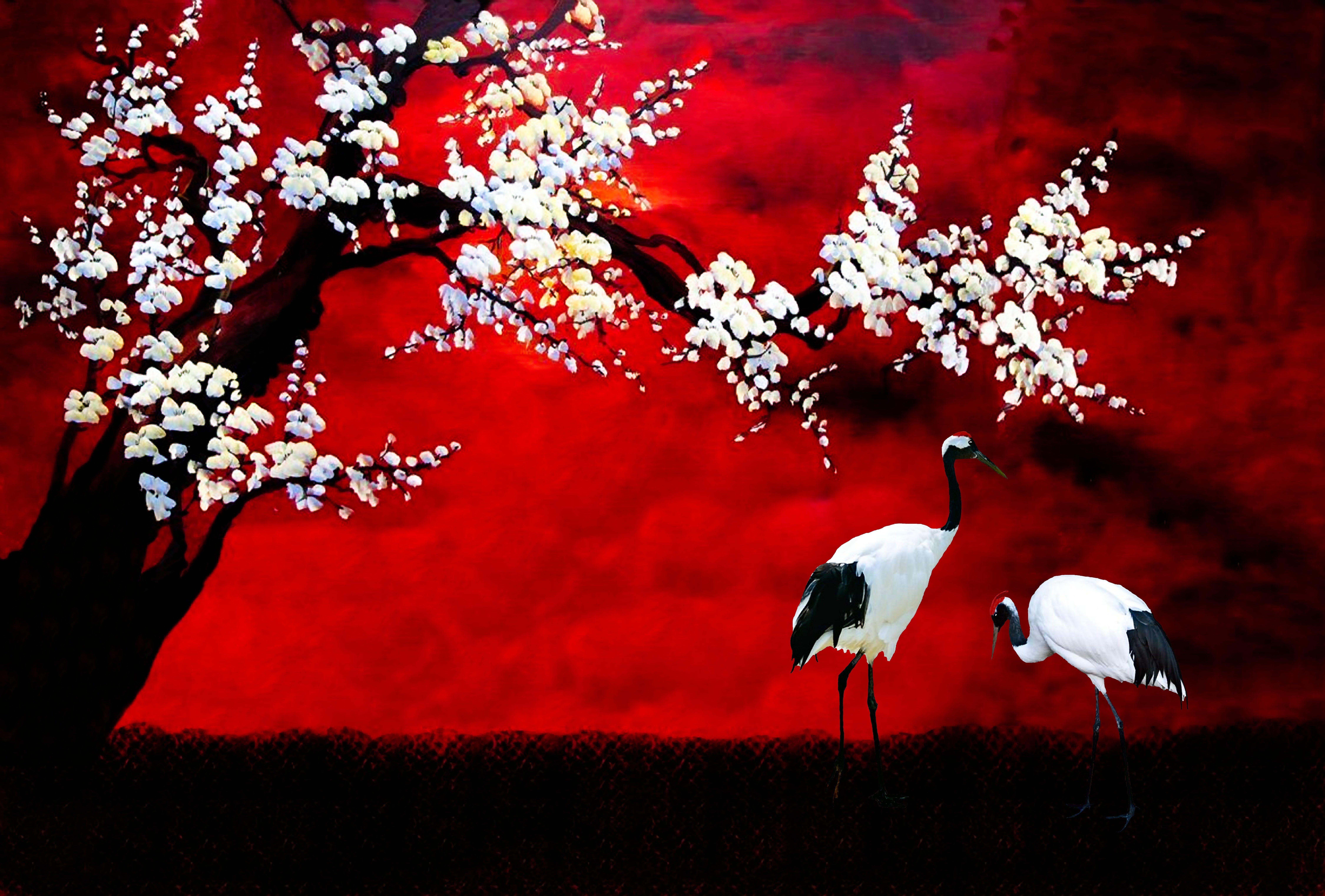 Clay Harris Animal Painting - Cranes Under Blooming Tree