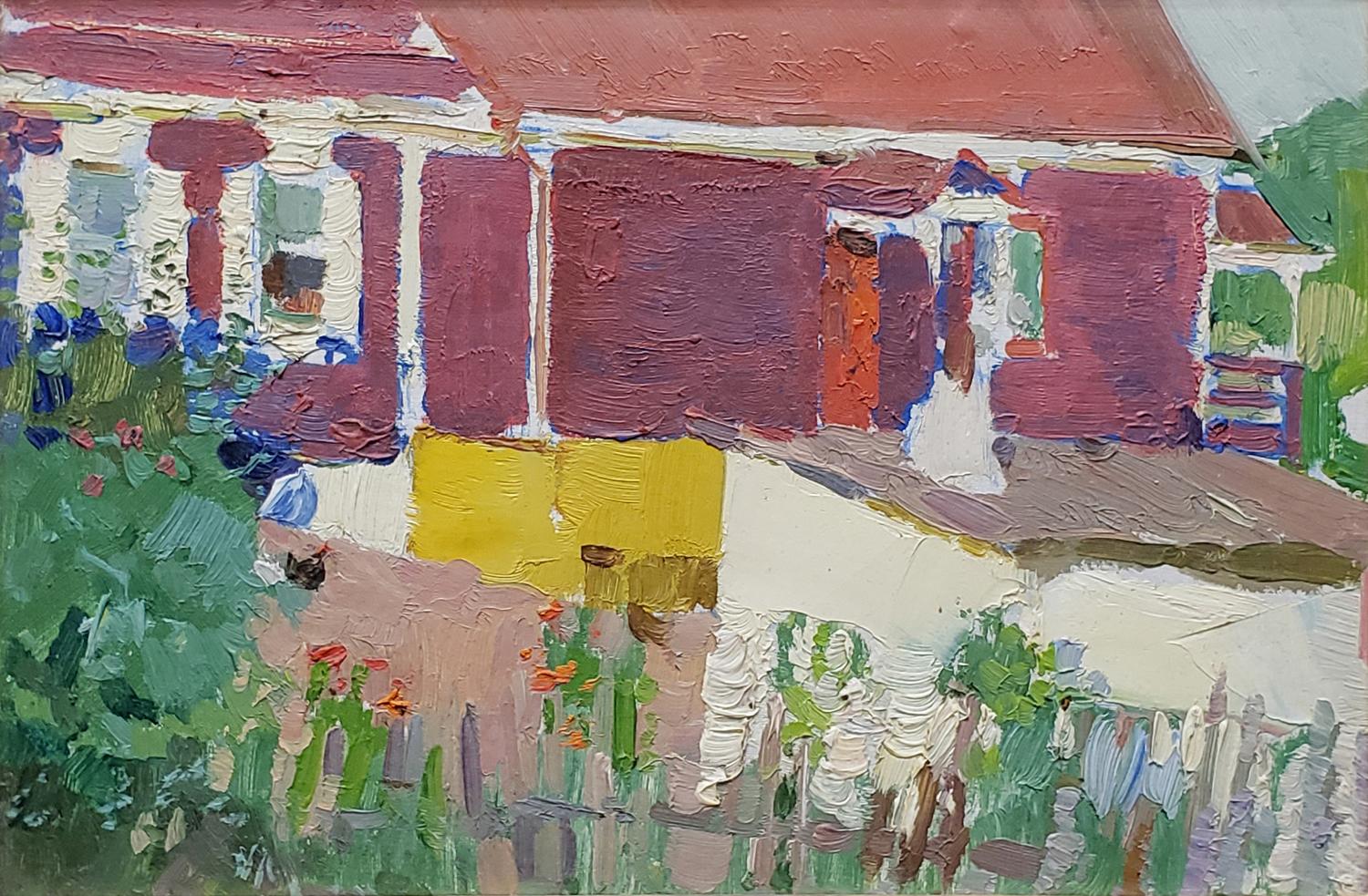 Village Farm House (Blue House), 1949 - Painting by Nikolai Efimovich Timkov