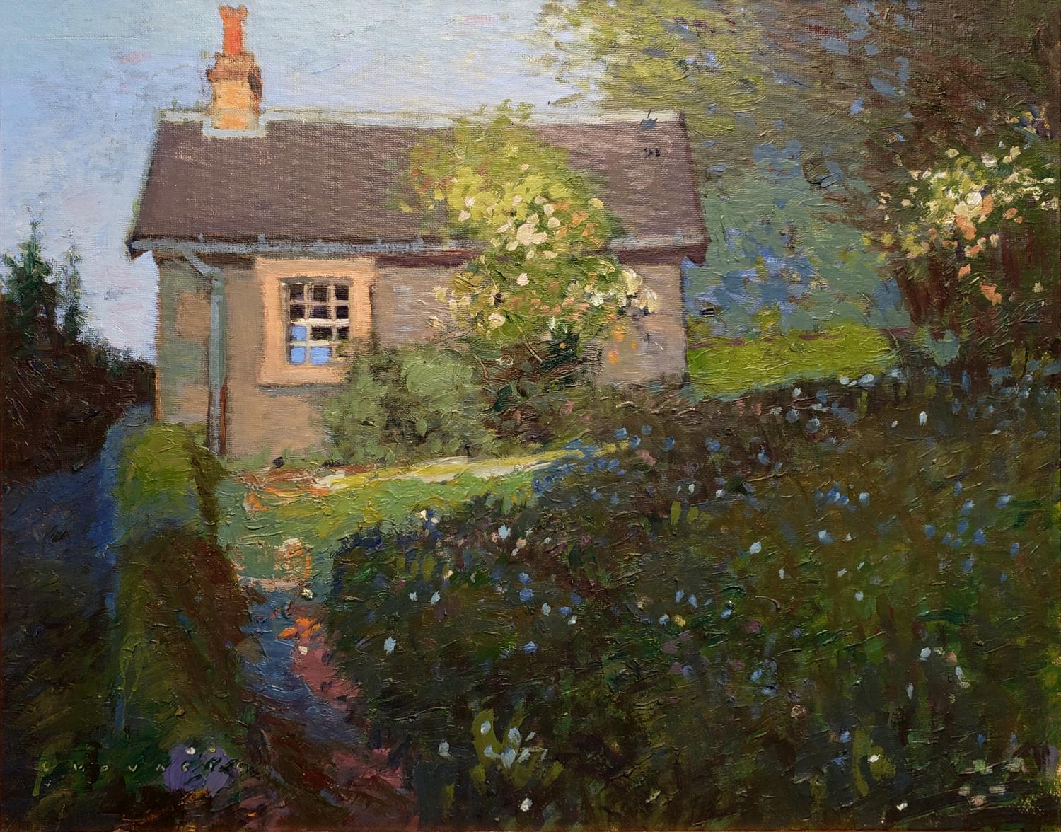Sir Walter Scotts Caretakers Cottage in Abbotsford, Schottland – Painting von Chuck Kovacic