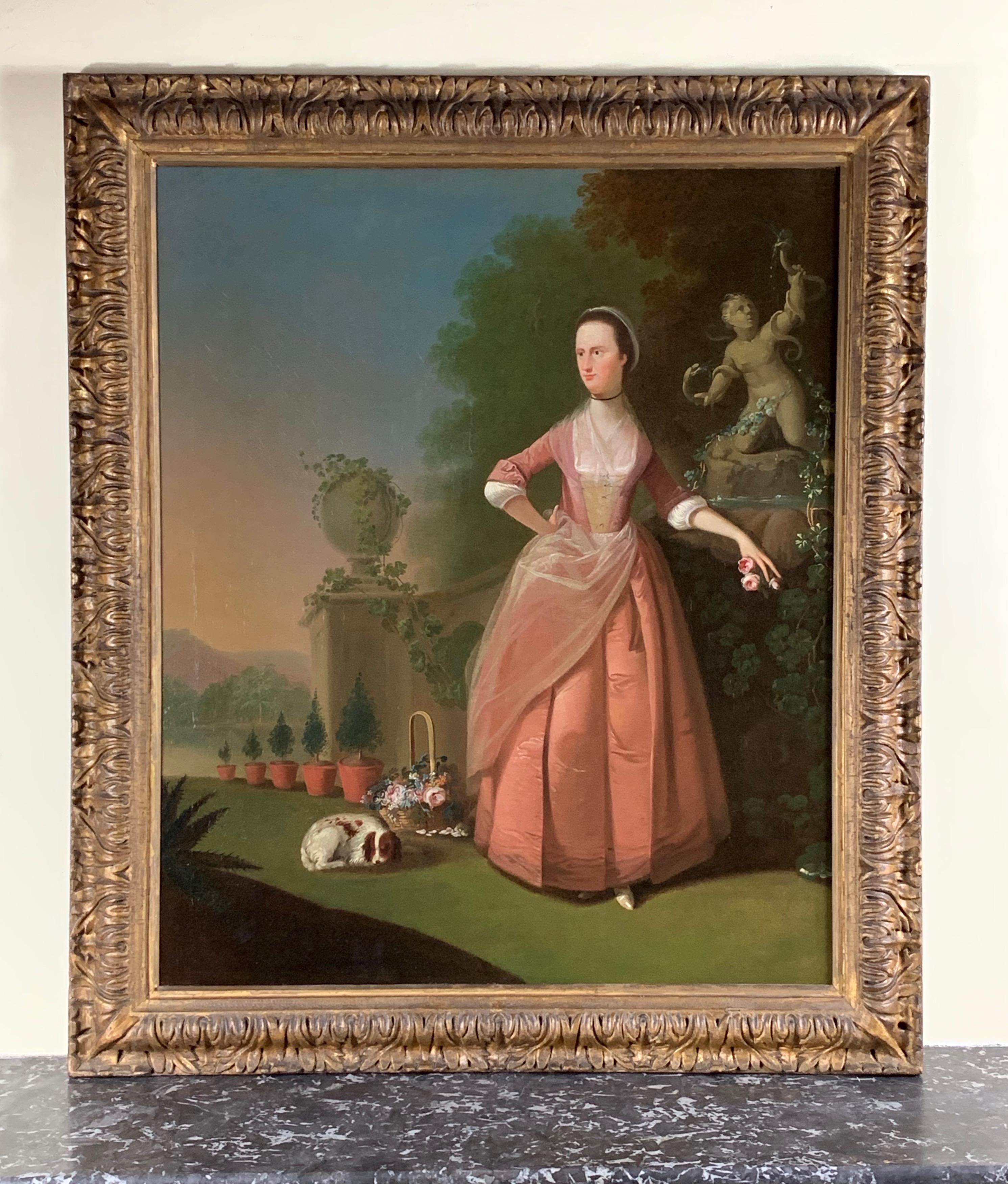 18th Century English Lady with her Dog in a Flower Garden, Wearing a Pink Dress  3