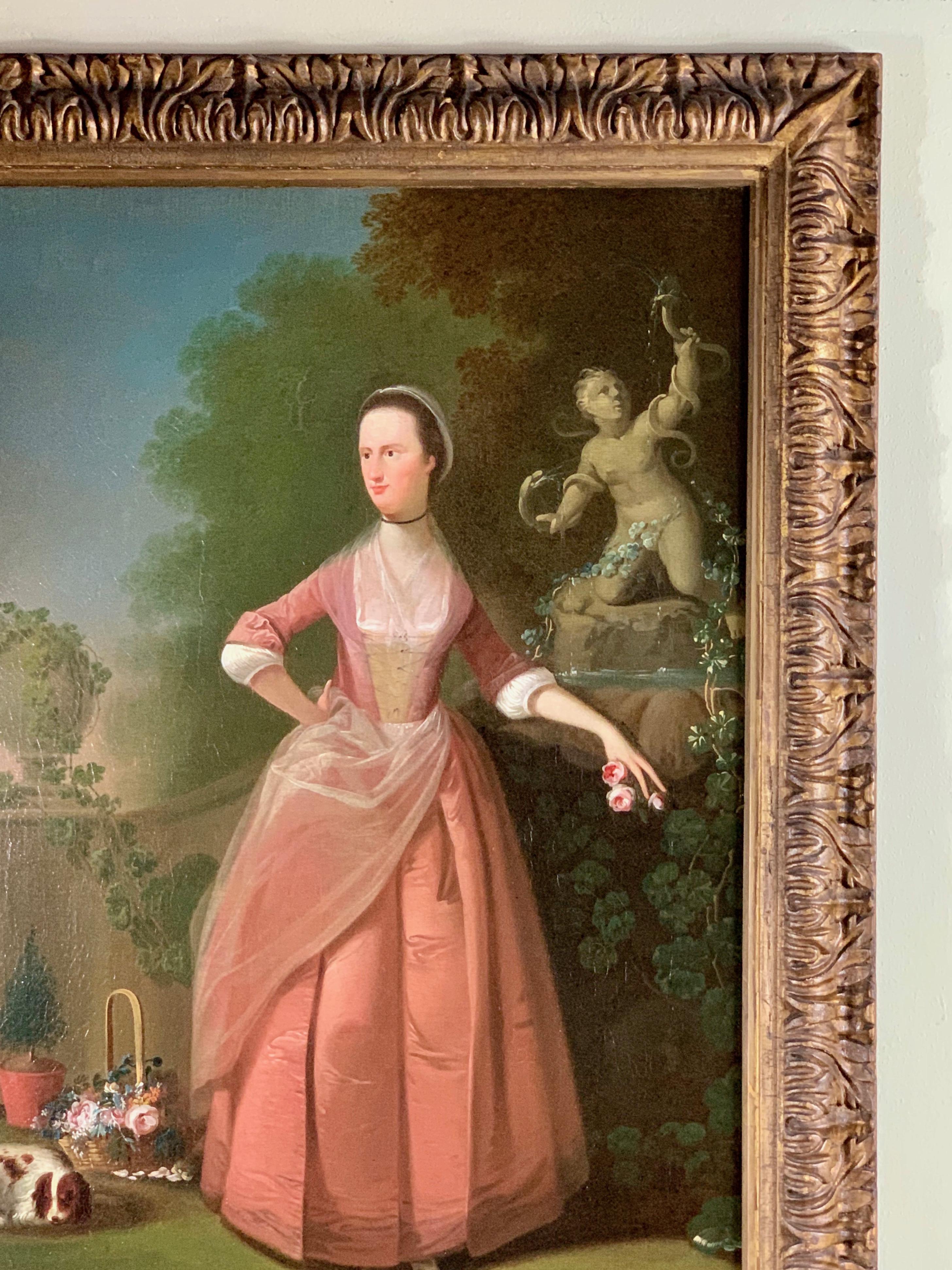 18th Century English Lady with her Dog in a Flower Garden, Wearing a Pink Dress  2