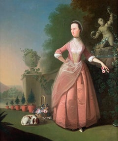 Antique 18th Century English Lady with her Dog in a Flower Garden, Wearing a Pink Dress 