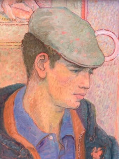 Vintage Modern British Portrait of a Handsome Young Gentleman in a Blue Shirt and Hat.