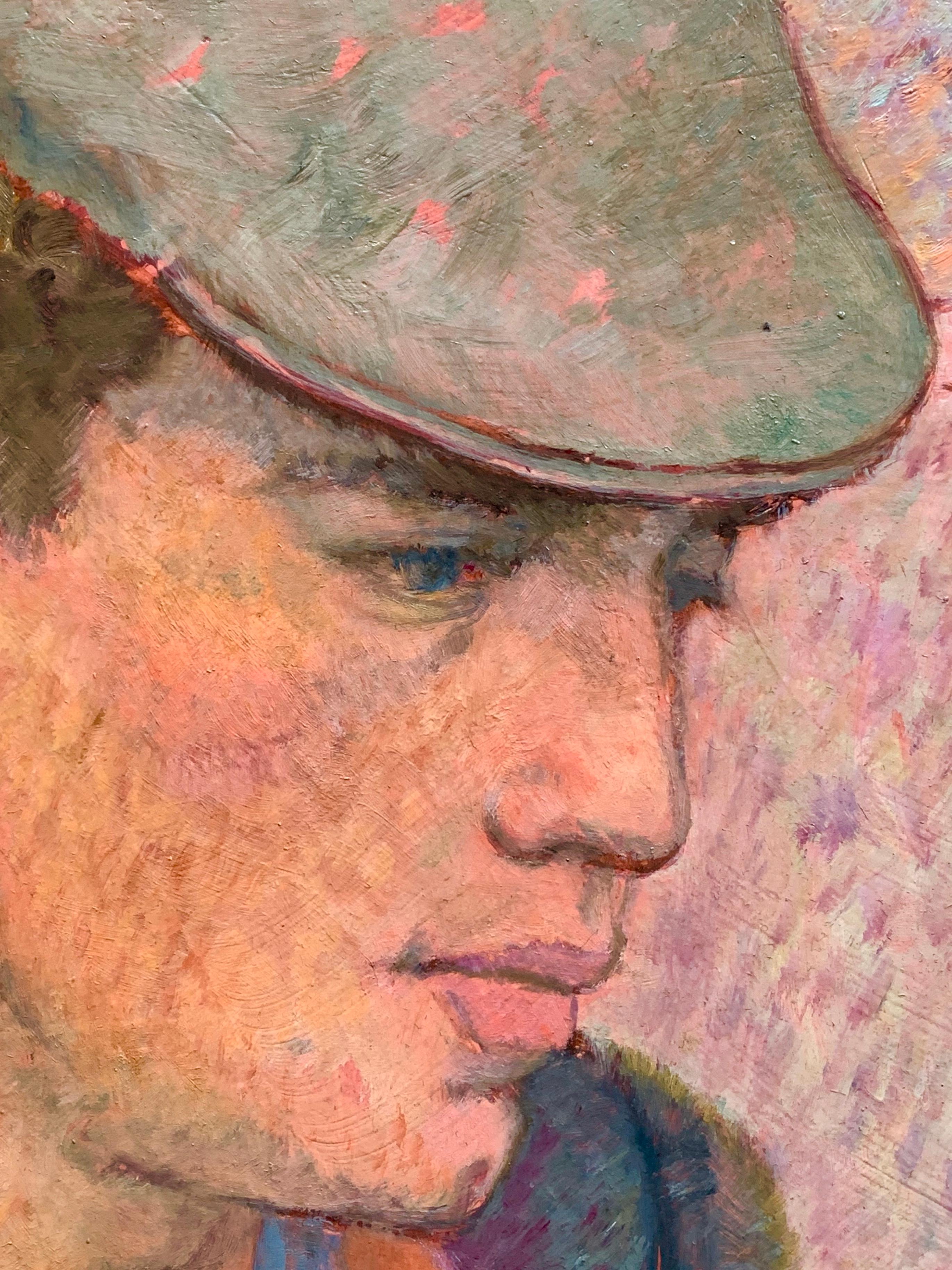 Modern British Portrait of a Handsome Young Gentleman in a Blue Shirt and Hat. - Brown Portrait Painting by Peter Samuelson