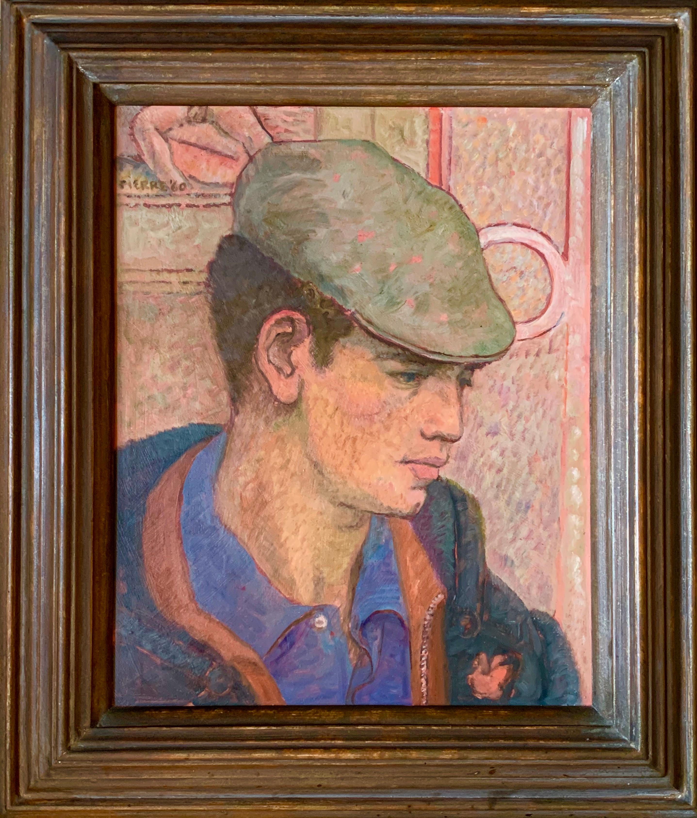 Modern British Portrait of a Handsome Young Gentleman in a Blue Shirt and Hat. - Painting by Peter Samuelson