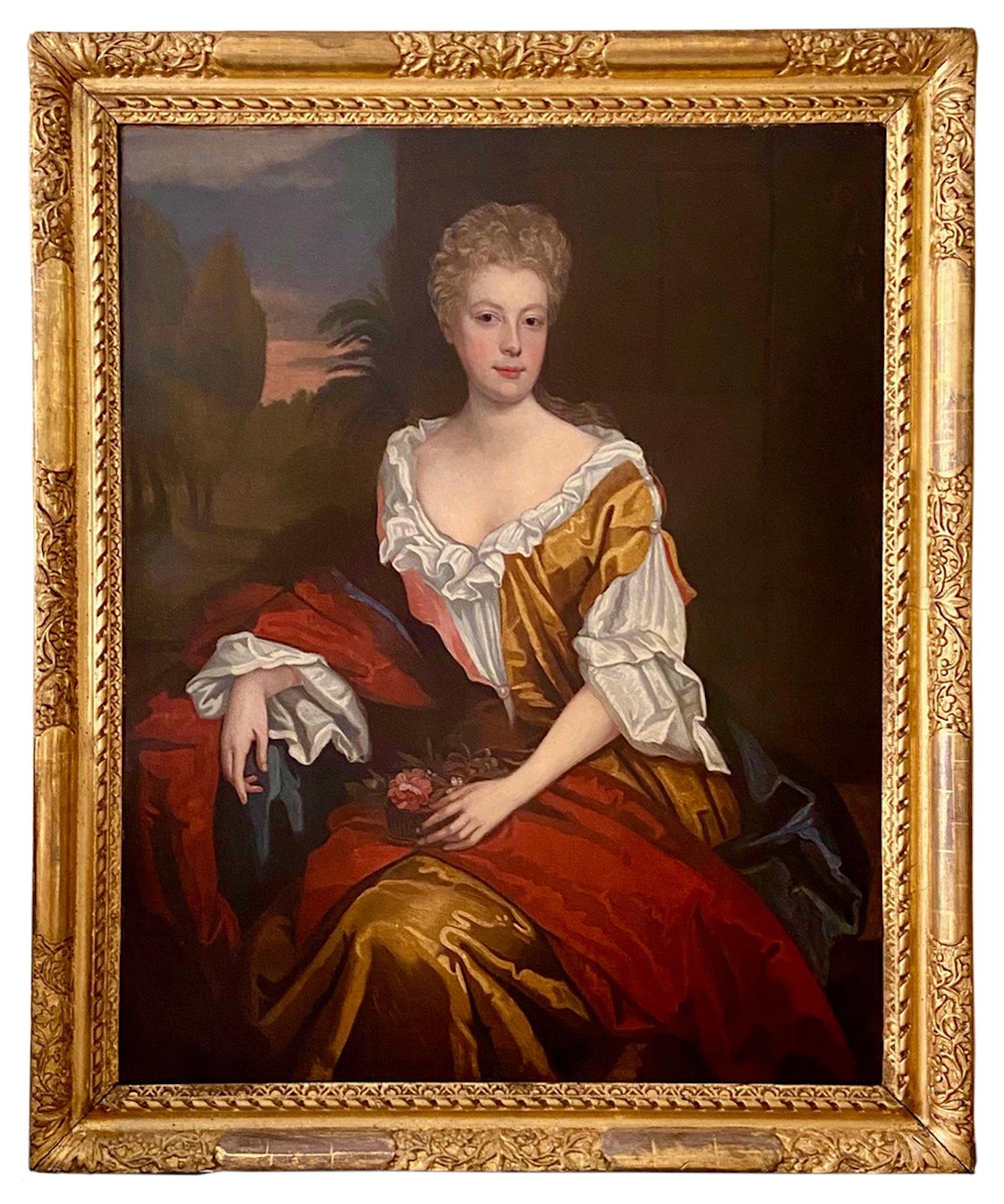 Follower of Willian Wissing Portrait Painting - LATE 17TH CENTURY ENGLISH PORTRAIT - A LADY  IN A RED / YELLOW SILK DRESS c.1700