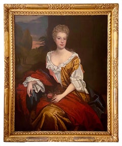 LATE 17TH CENTURY ENGLISH PORTRAIT - A LADY  IN A RED / YELLOW SILK DRESS c.1700