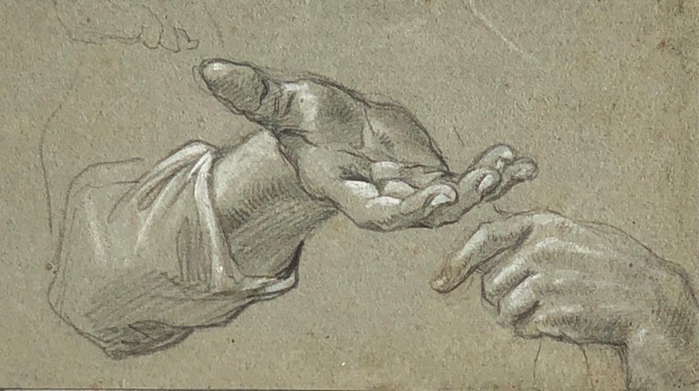 CHARLES PARROCEL (1688-1742)
A Study of Two Hands by Charles Parrocel (France, 1688 to 1752)

Finely detailed and sensitively rendered study of two hands by Charles Parrocel. 
Late 17th century/ early 18th century graphite/pencil on paper in fine