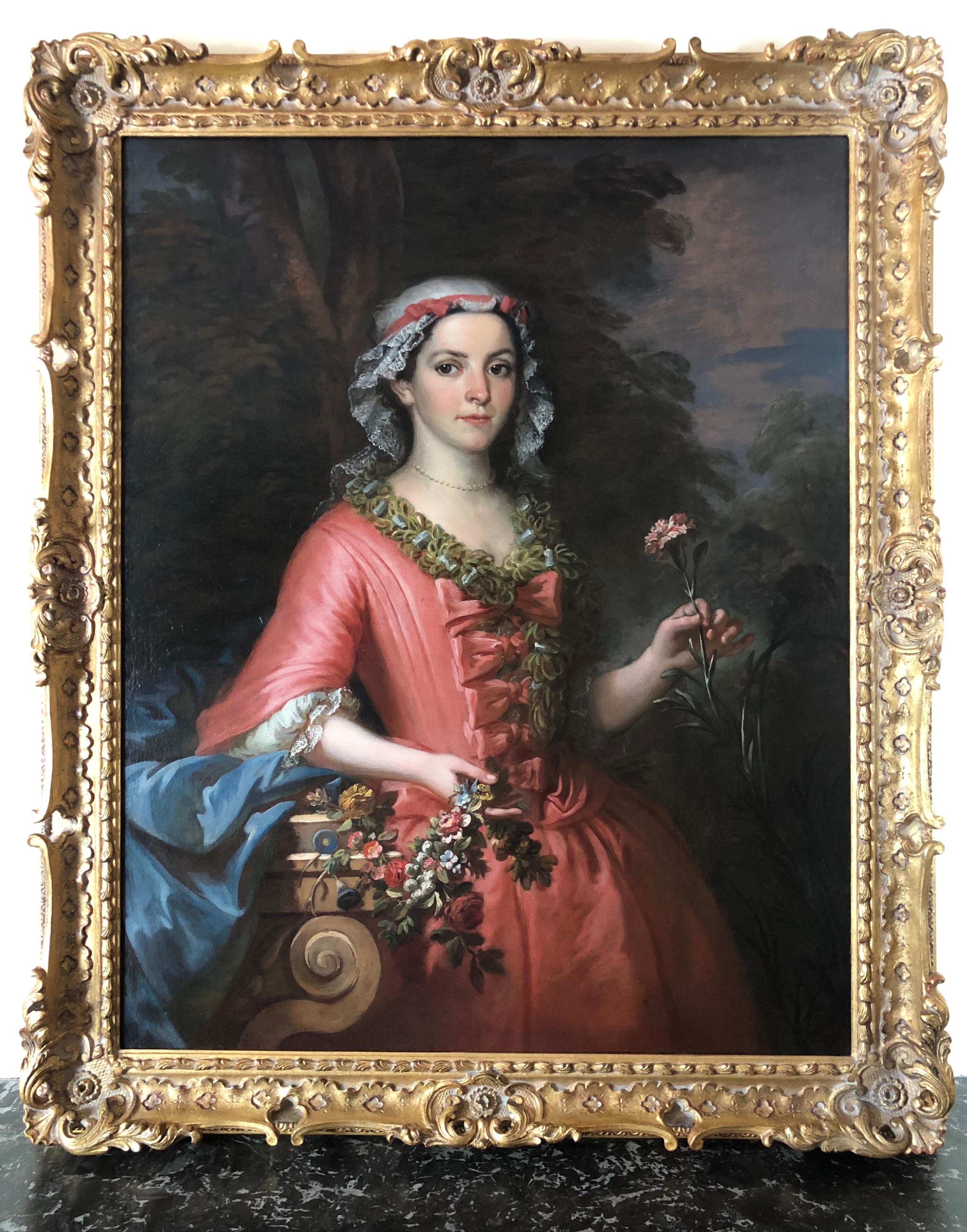 Britisches Ölporträt einer Dame in einem rosafarbenen Kleid aus dem 18. Jahrhundert als Flora. – Painting von Philippe Mercier