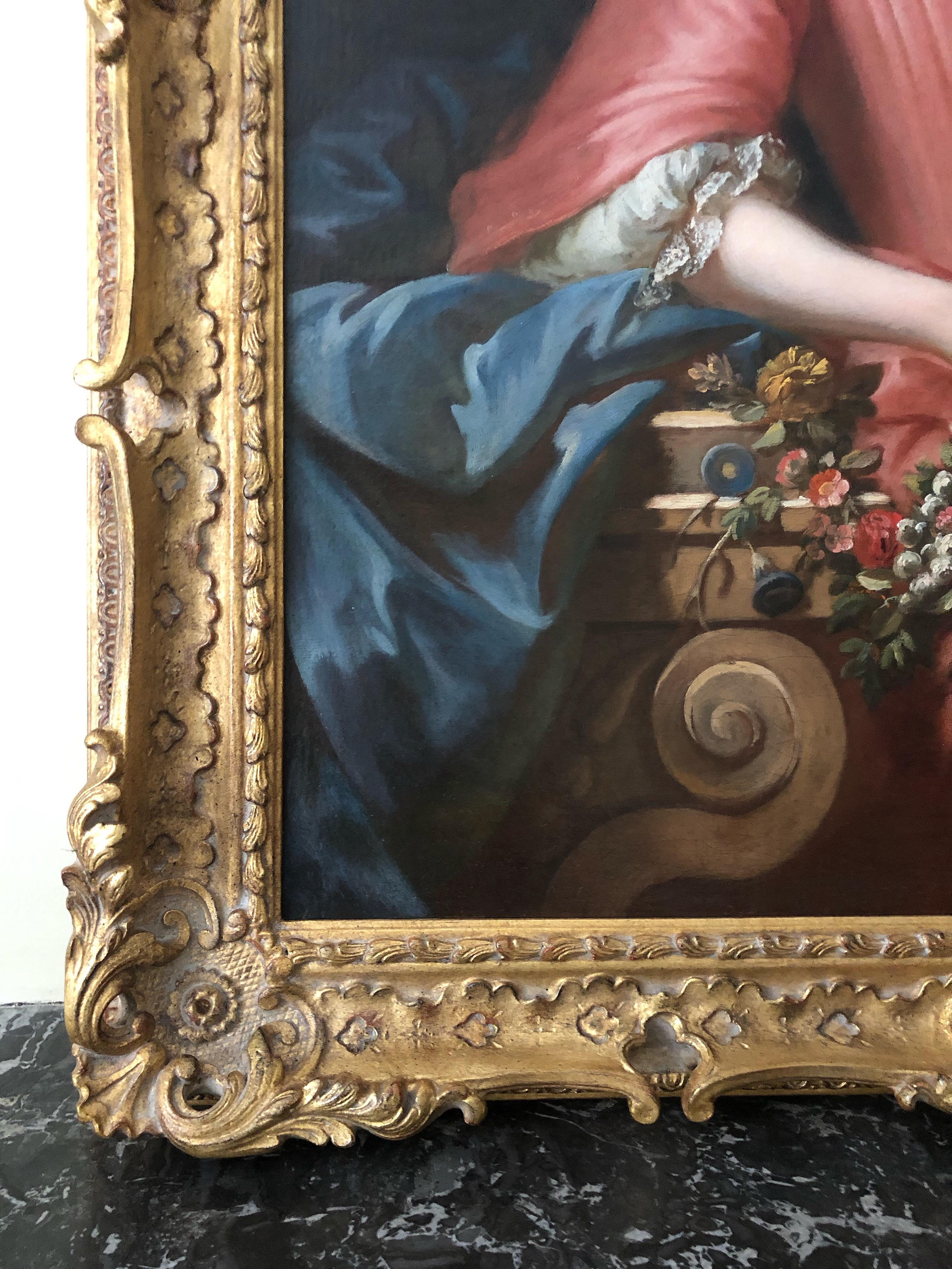 Britisches Ölporträt einer Dame in einem rosafarbenen Kleid aus dem 18. Jahrhundert als Flora. (Rokoko), Painting, von Philippe Mercier