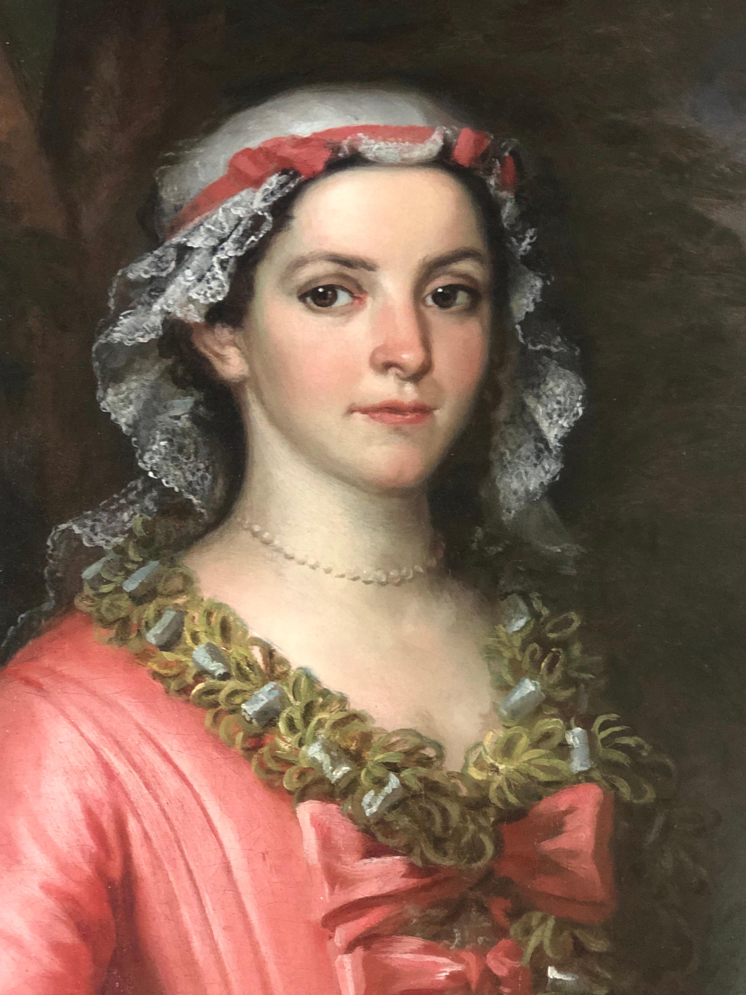 Britisches Ölporträt einer Dame in einem rosafarbenen Kleid aus dem 18. Jahrhundert als Flora. (Schwarz), Portrait Painting, von Philippe Mercier