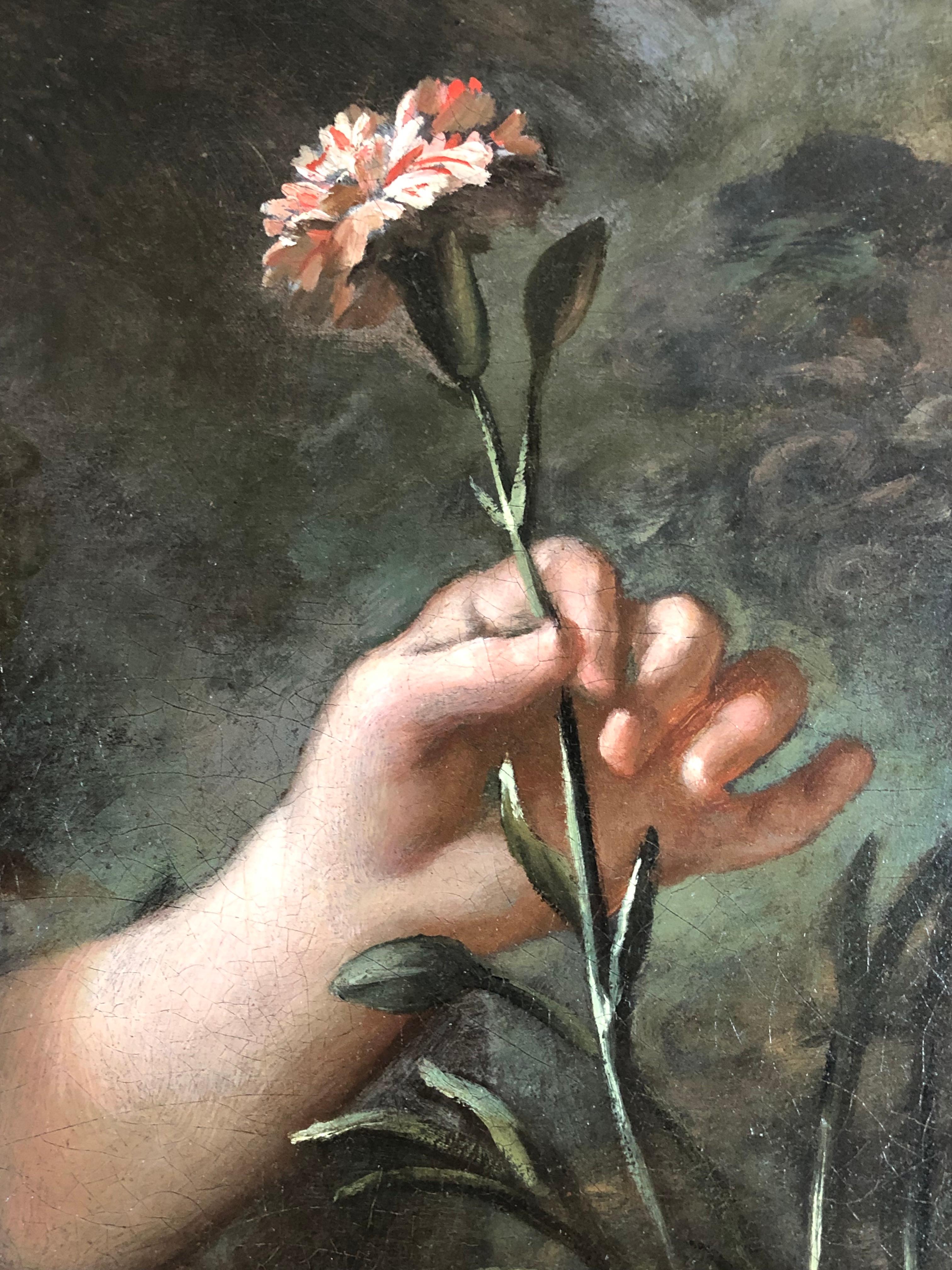 Britisches Ölporträt einer Dame in einem rosafarbenen Kleid aus dem 18. Jahrhundert als Flora. 1