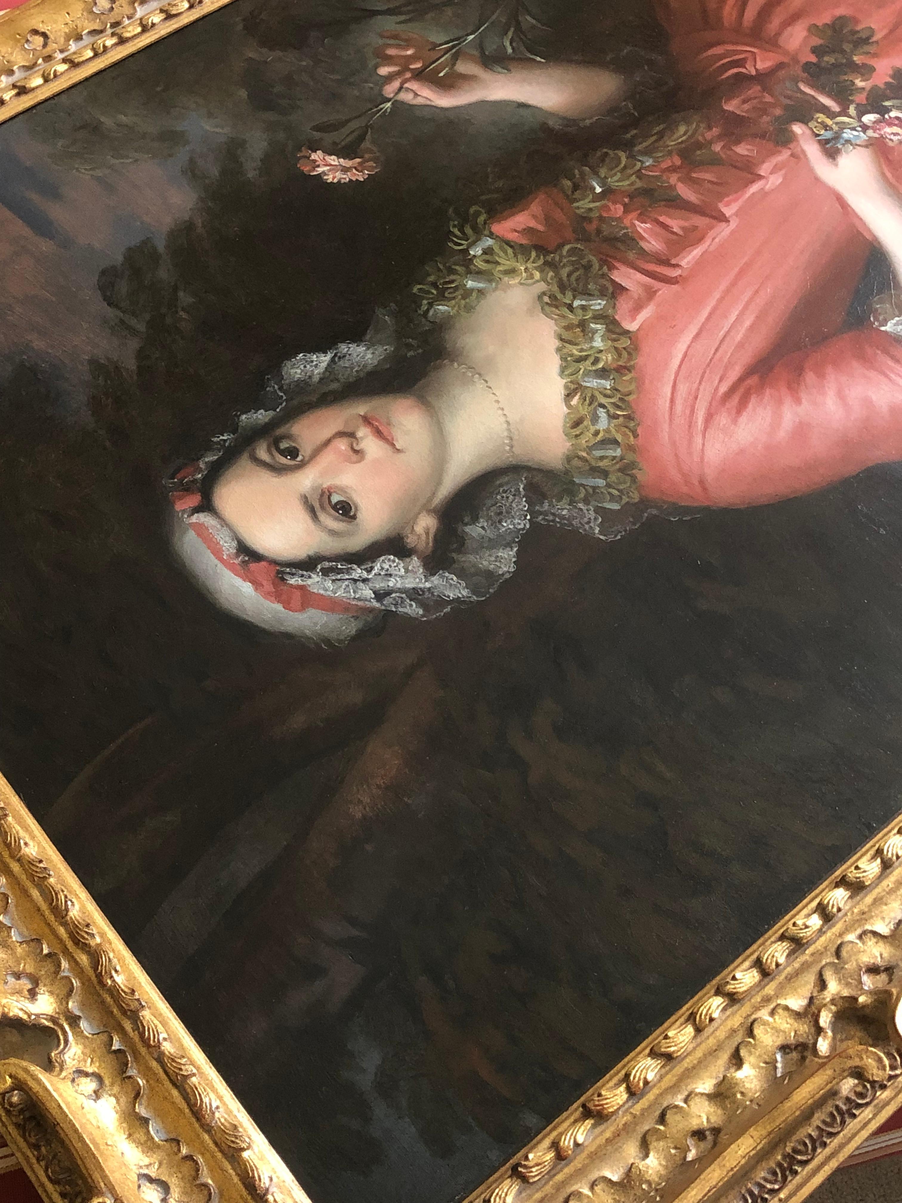 Britisches Ölporträt einer Dame in einem rosafarbenen Kleid aus dem 18. Jahrhundert als Flora. 2