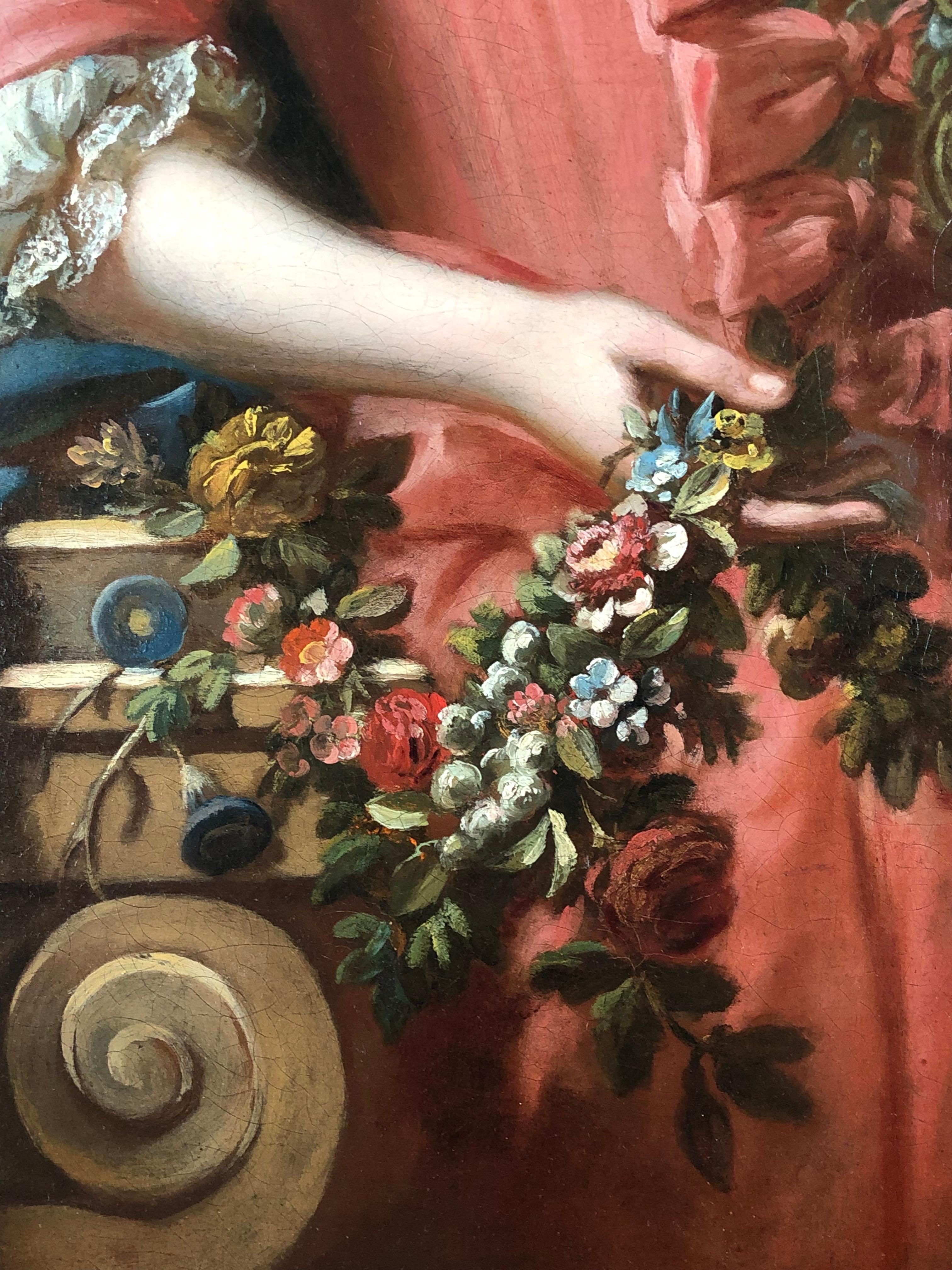 Britisches Ölporträt einer Dame in einem rosafarbenen Kleid aus dem 18. Jahrhundert als Flora. 3