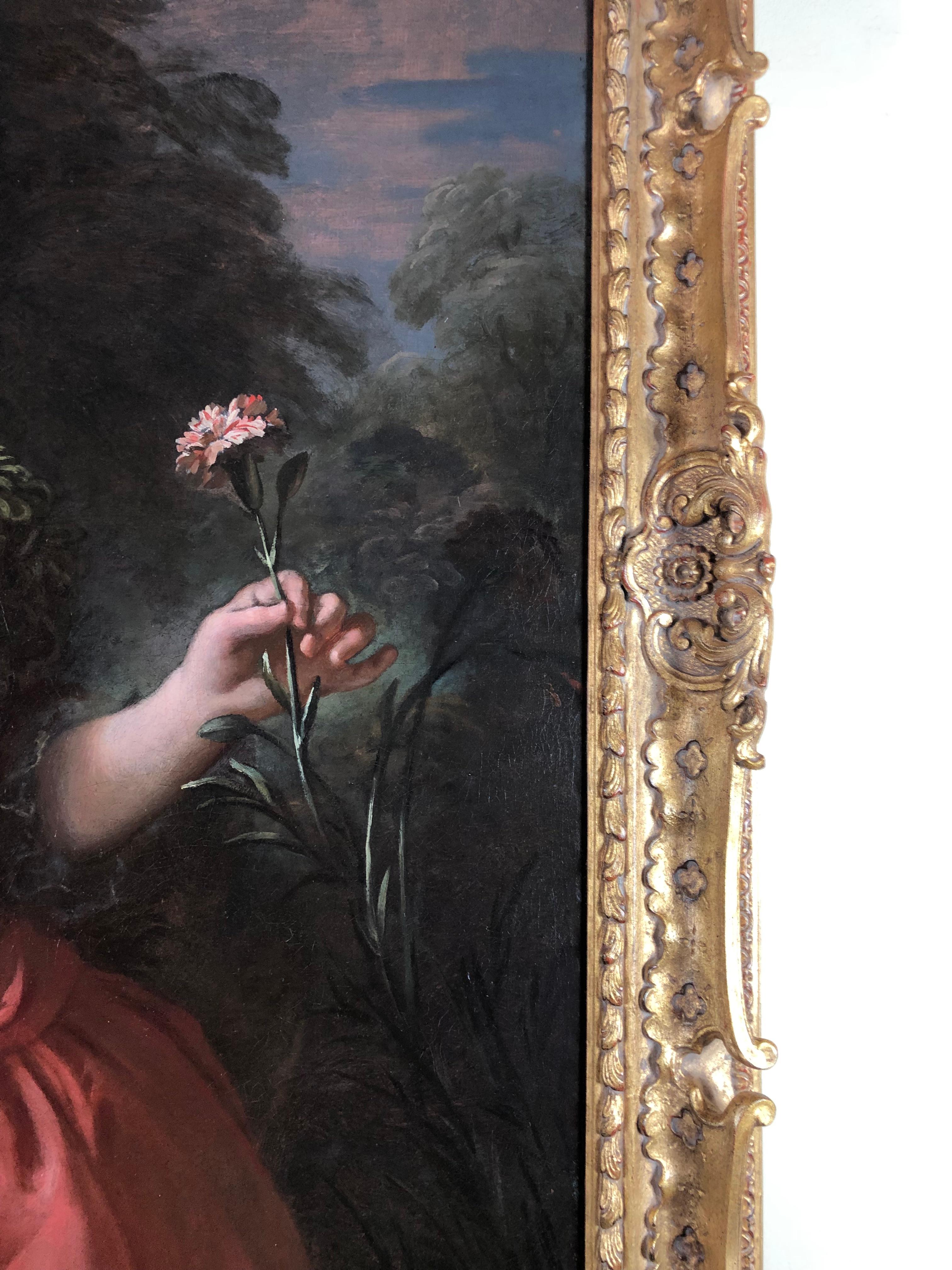 Britisches Ölporträt einer Dame in einem rosafarbenen Kleid aus dem 18. Jahrhundert als Flora. 4