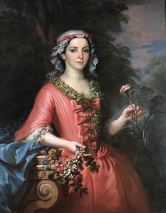 18th Century British Oil Portrait of a Lady in a Pink Dress as Flora.