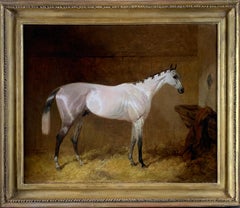 19th Century English Sporting Oil on Canvas of a Grey Hunter in a Stable