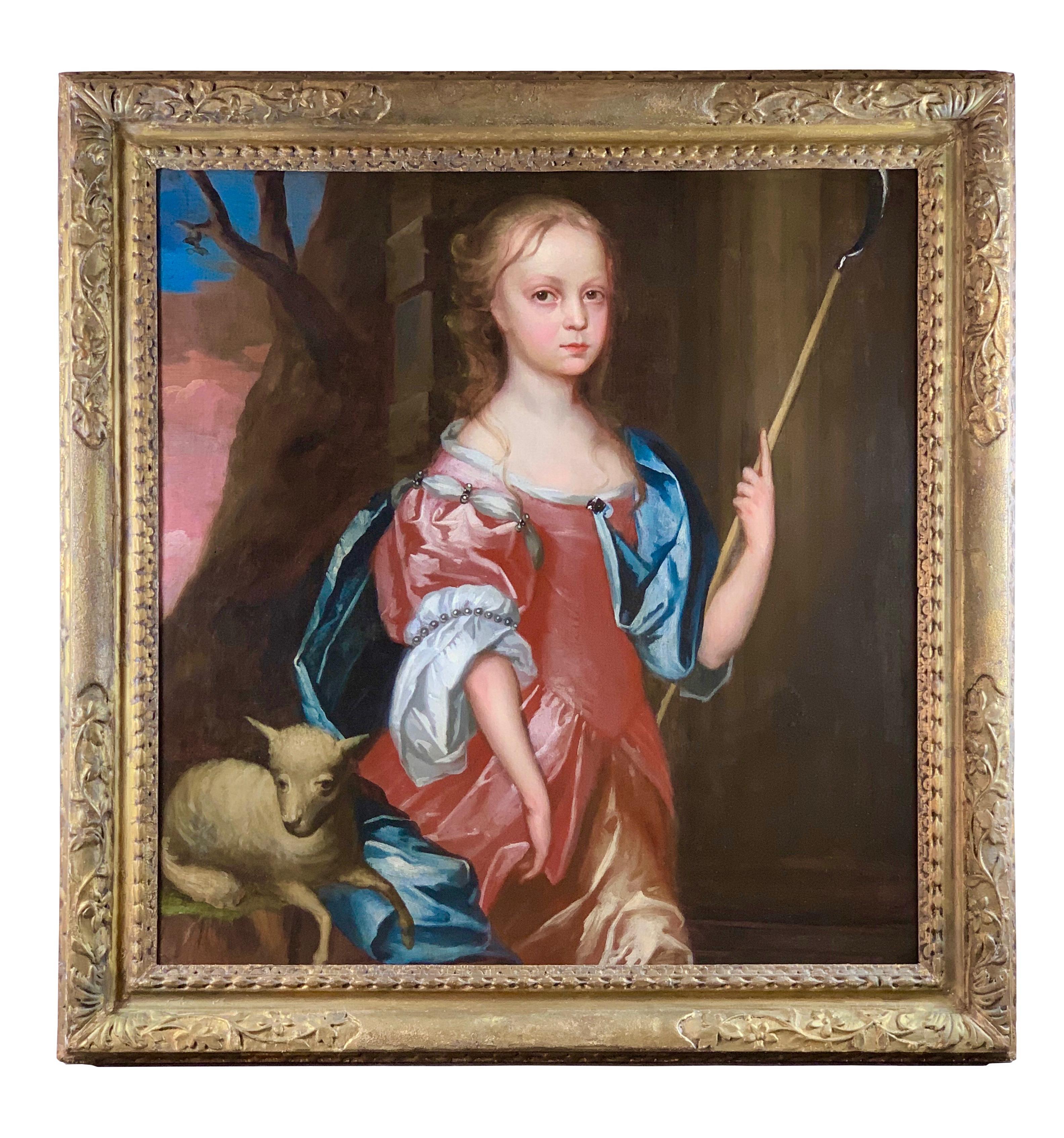 Circle of Gerard Soest Interior Painting - 17th Century English Oil Portrait of a Young Girl as a Shepherdess