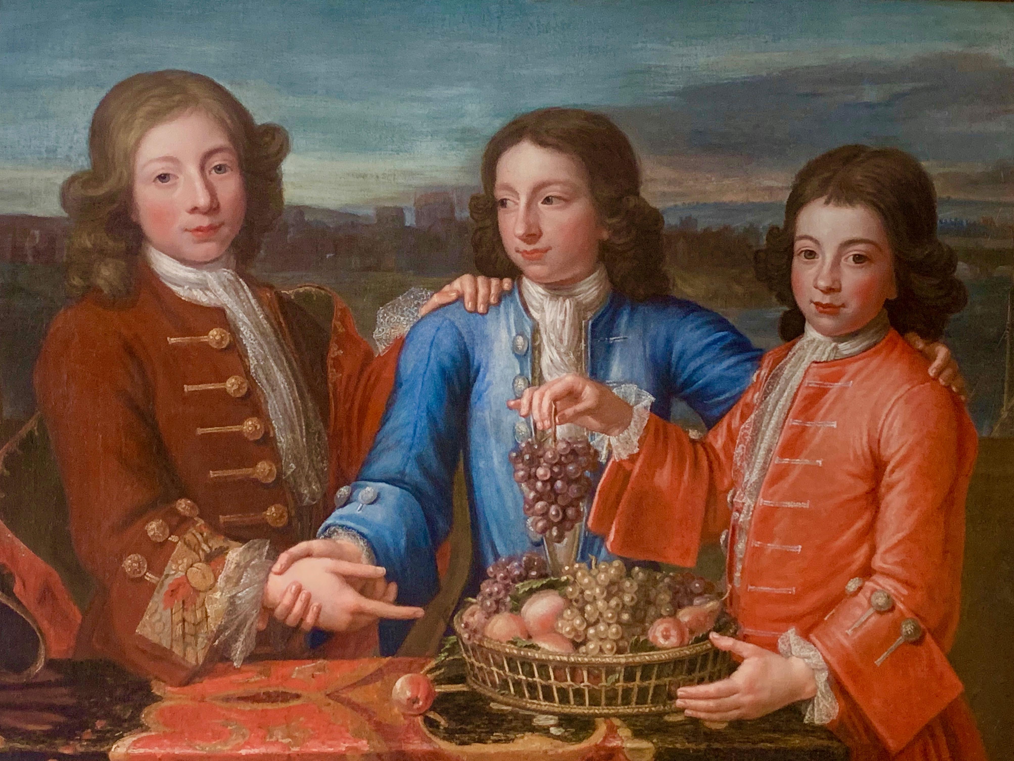 Stephen Slaughter Interior Painting - 18th Century British Portrait of Three Boys in Red and Blue Silk Jackets.
