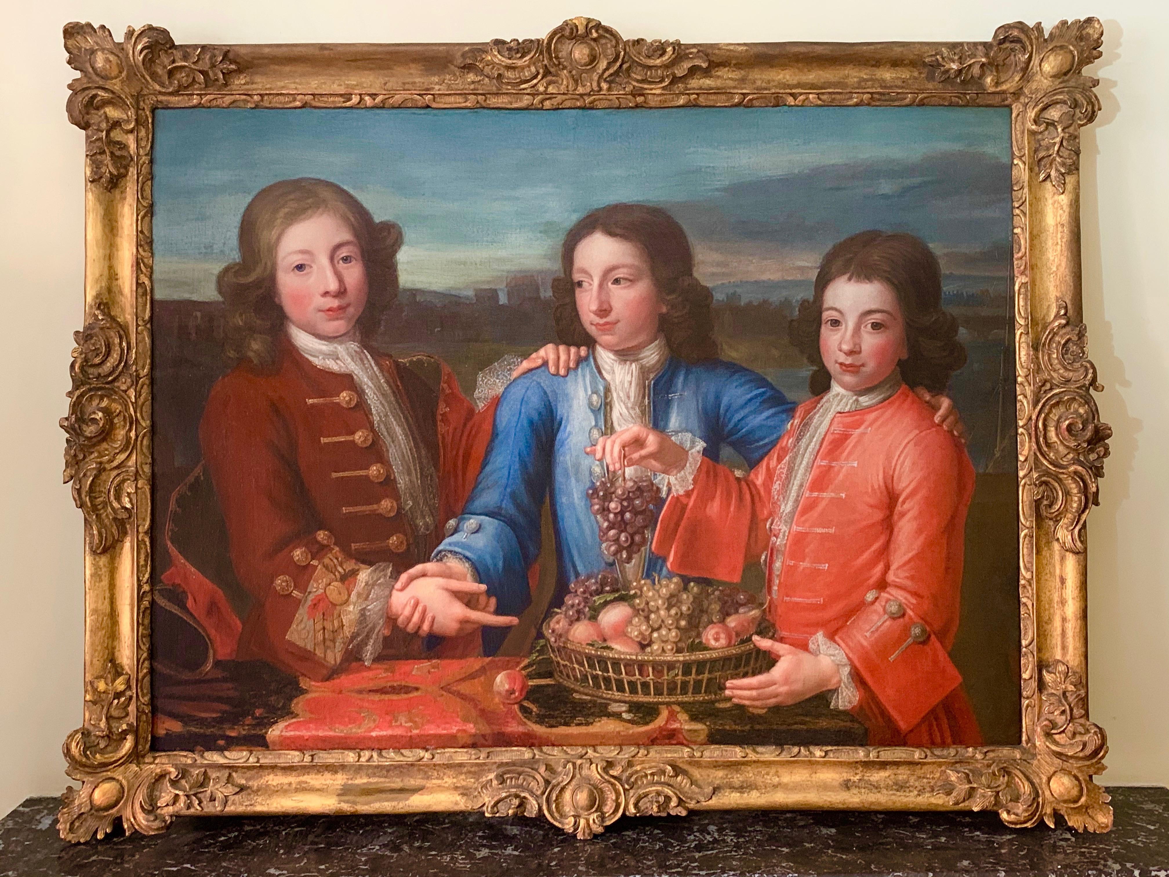 18th Century British Portrait of Three Boys in Red and Blue Silk Jackets. - Painting by Stephen Slaughter