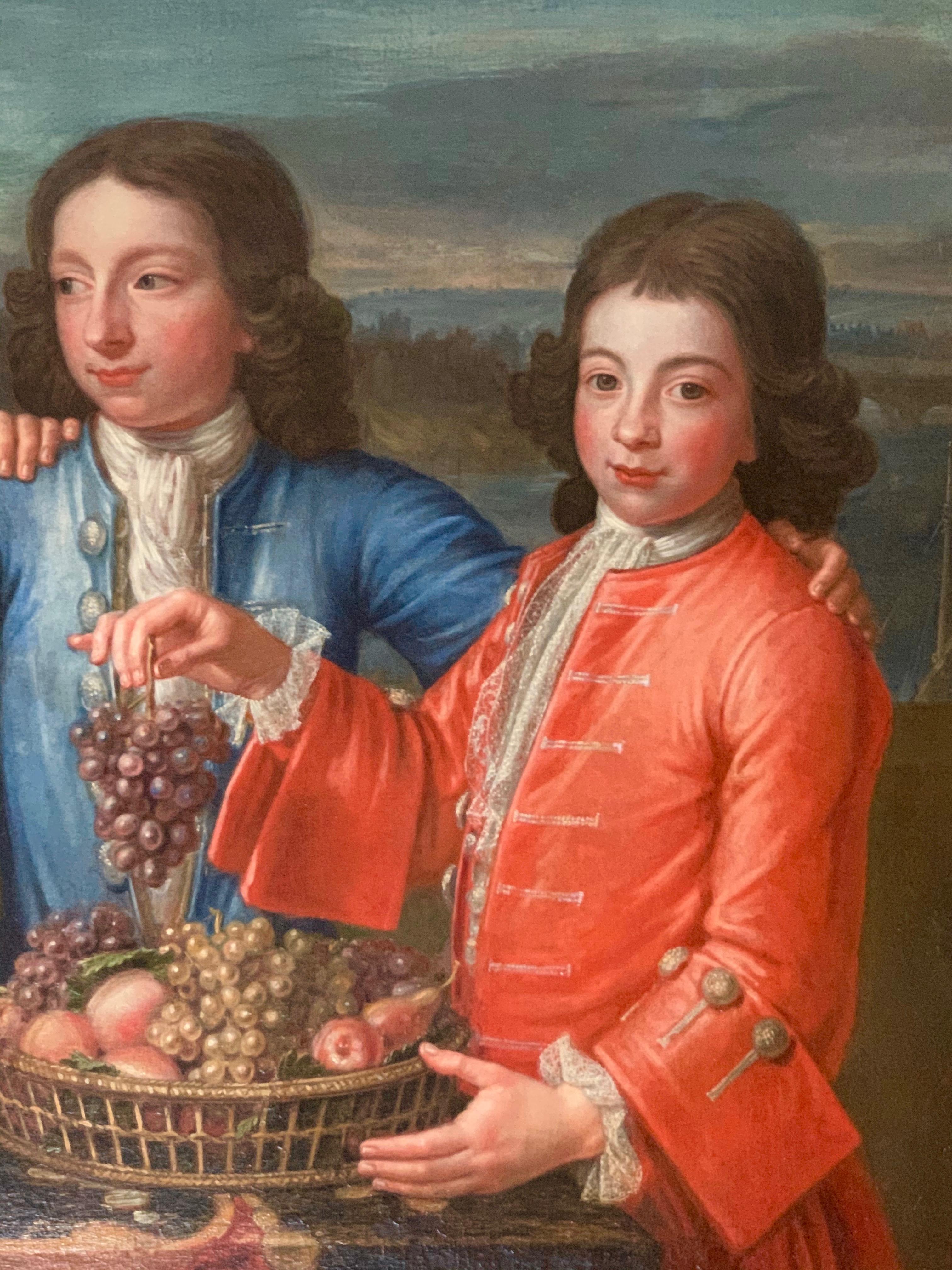 18th Century British Portrait of Three Boys in Red and Blue Silk Jackets. For Sale 3