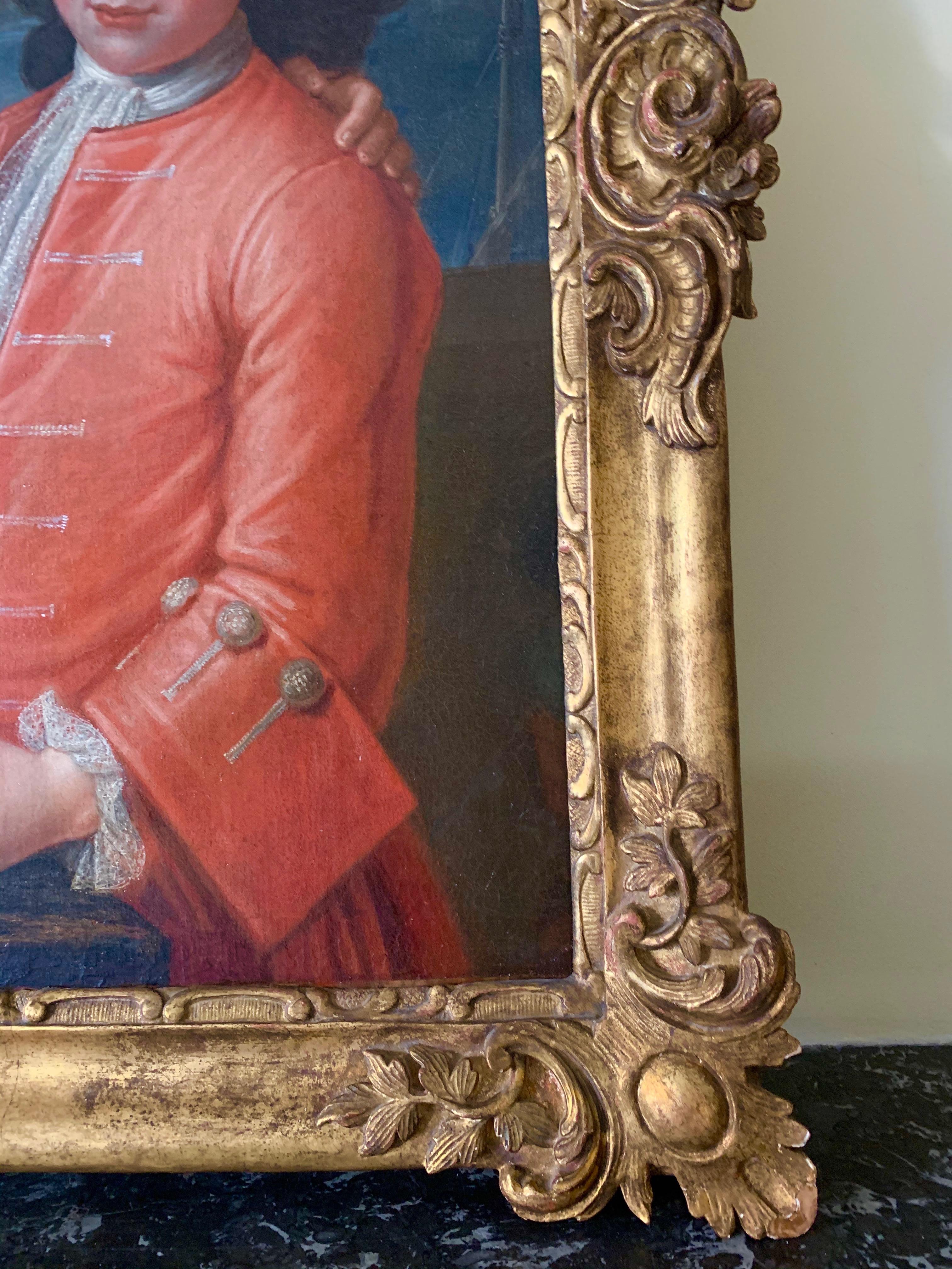 18th Century British Portrait of Three Boys in Red and Blue Silk Jackets. For Sale 4