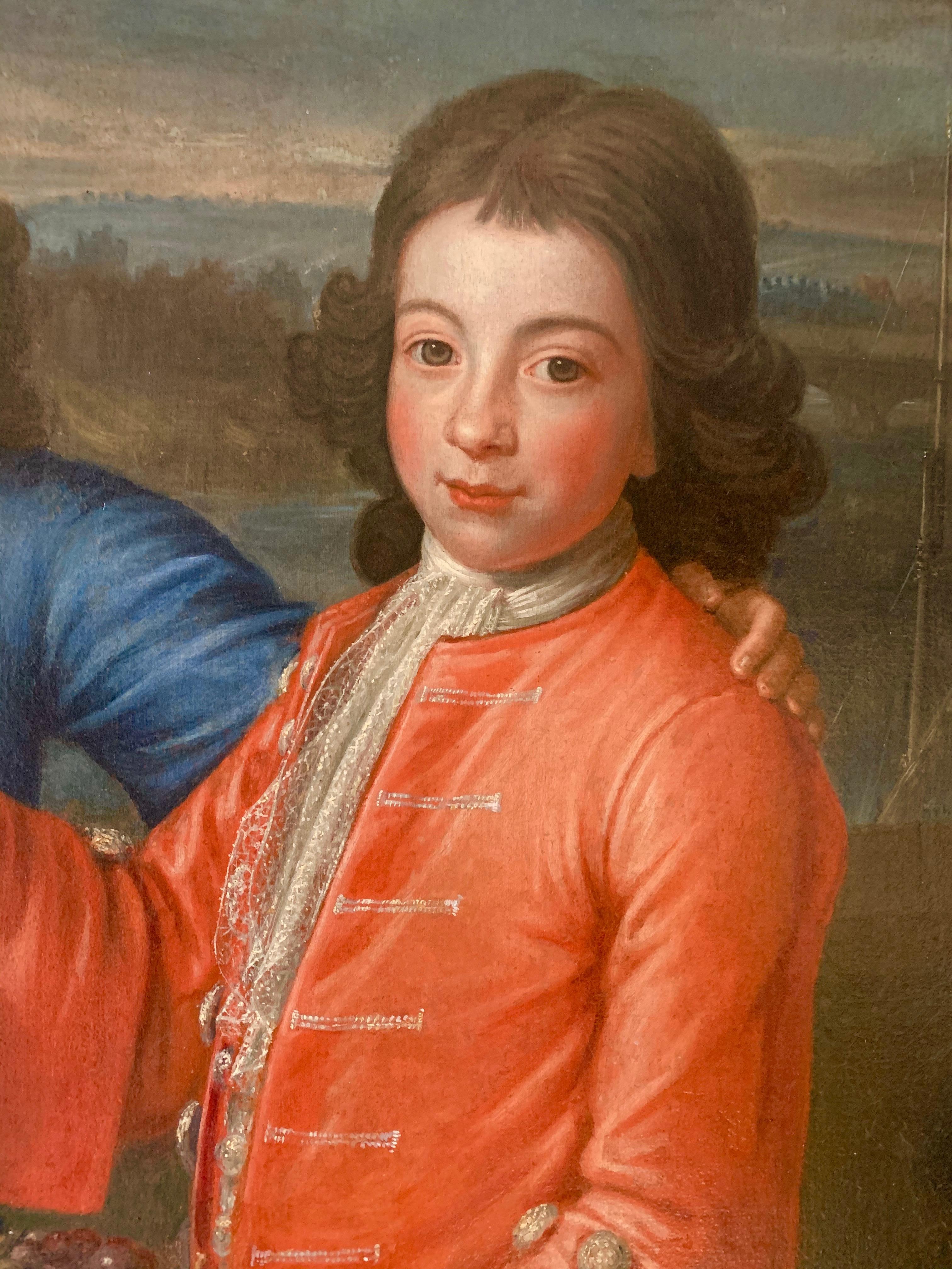18th Century British Portrait of Three Boys in Red and Blue Silk Jackets. For Sale 7
