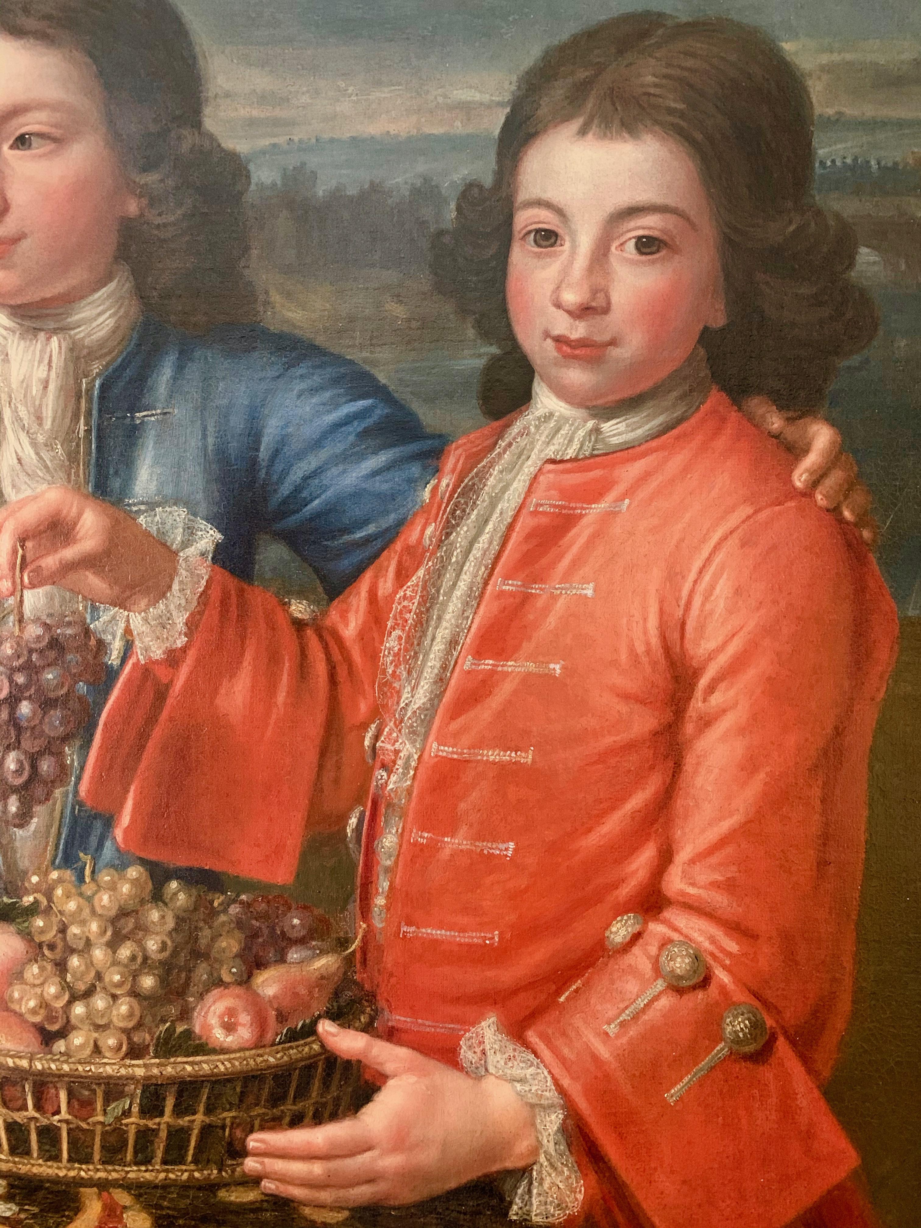 18th Century British Portrait of Three Boys in Red and Blue Silk Jackets. For Sale 9