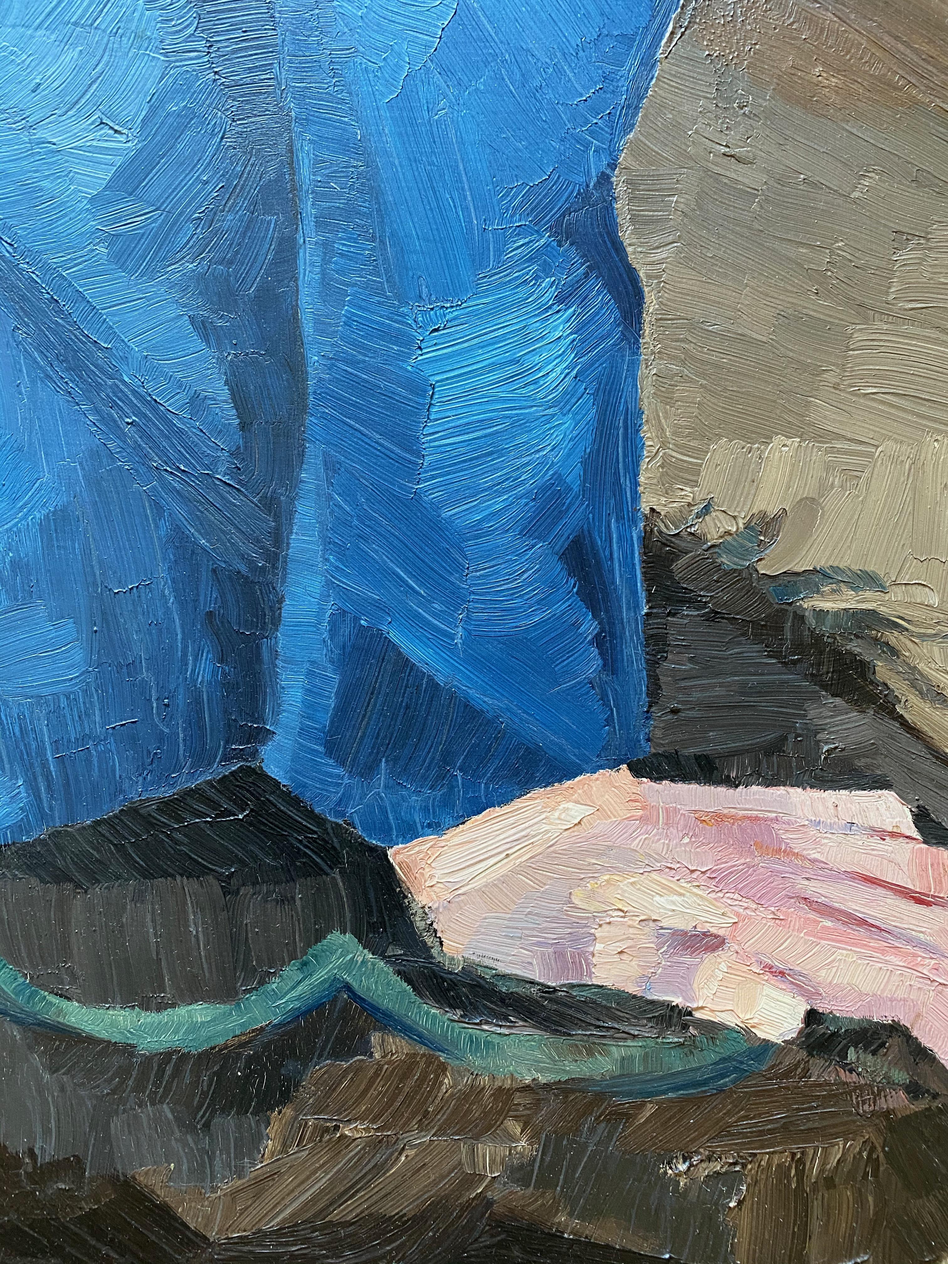 ART DECO OIL ON CANVAS OF A HANDSOME GENTLEMAN  WEARING  A BLUE SUIT. - Art Deco Painting by Kjell Lowenadler
