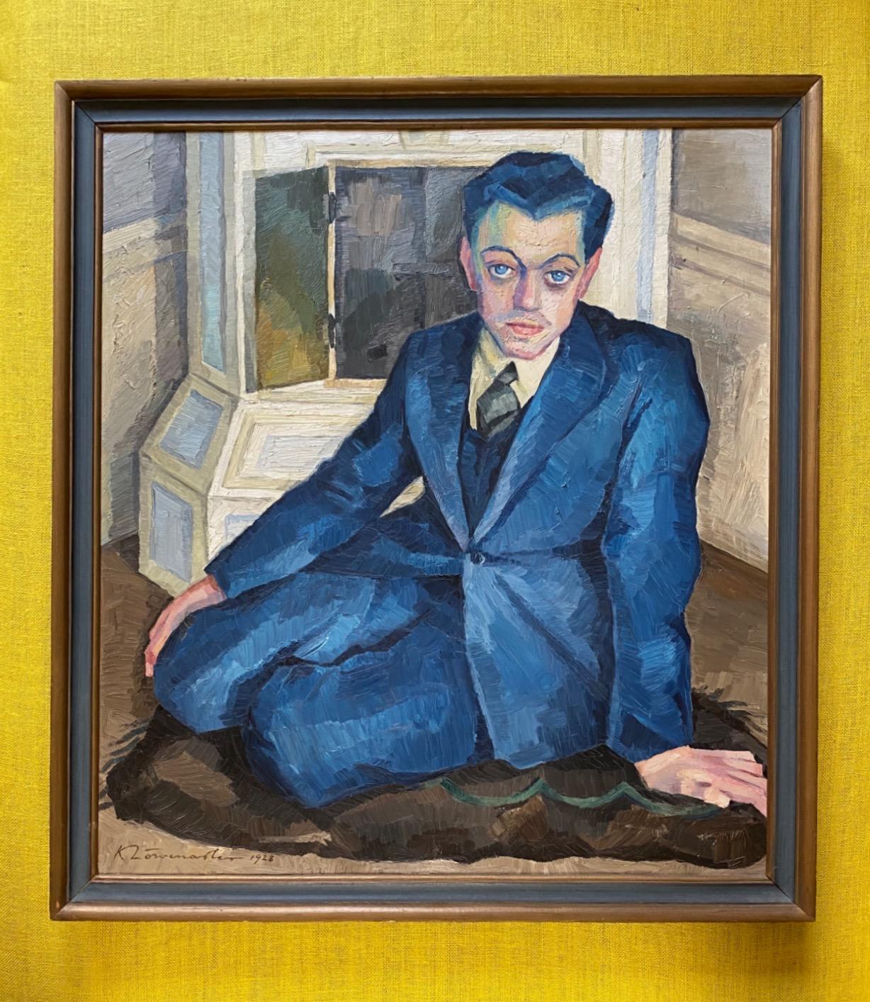 
A fine, large and impressive art deco oil on canvas by the celebrated Swedish artist Kjell Hermansson. signed K Löwenadler and dated 1928, this rare, and richly coloured work depicts a handsome dark haired gentleman seated in front of a