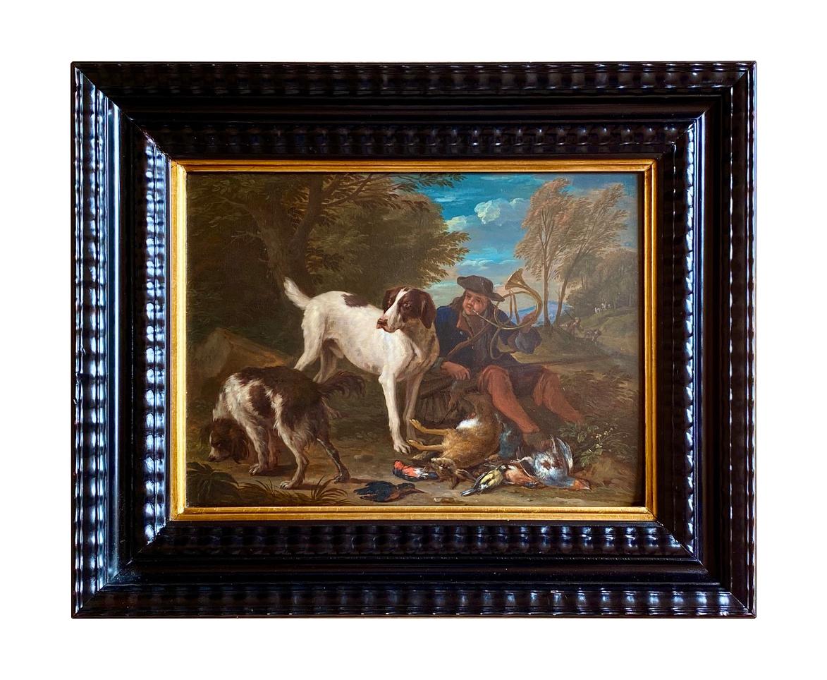 A Still Life with a Hunter Holding a Gun, Game, and Dogs, with a Landscape Beyond; Together with a Companion. The first signed 'AE Grÿef' bottom left; the second signed 'AE Grÿef' center left.   

Period Portraits are thrilled to bring to market