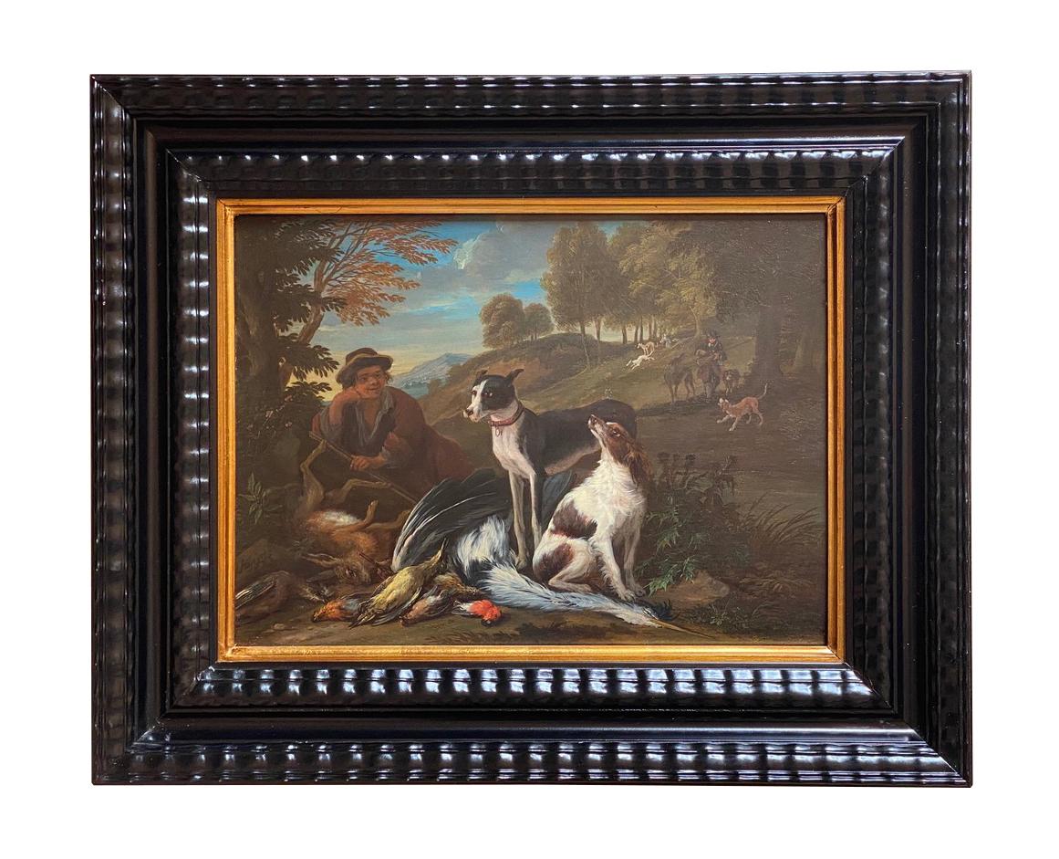 A Fine Pair of 17th Century Oil Portraits of Hunting Hounds or Dogs - Gray Still-Life Painting by ADRIAEN DE GRYEF