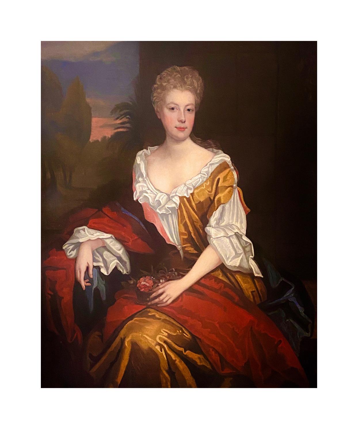 LATE 17TH CENTURY ENGLISH PORTRAIT - A LADY  IN A RED / YELLOW SILK DRESS c.1700 - English School Painting by Follower of Willian Wissing