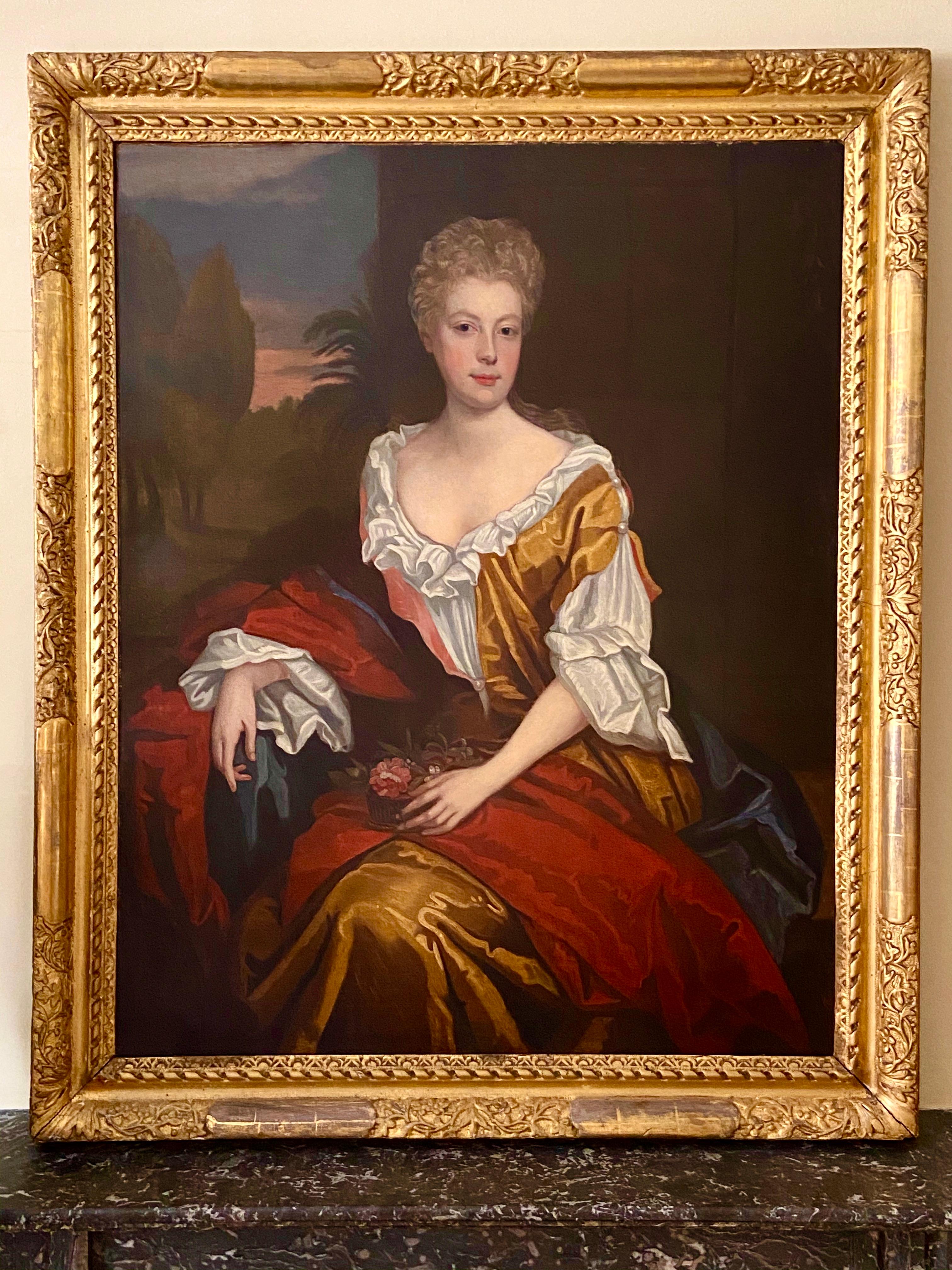 LATE 17TH CENTURY ENGLISH PORTRAIT - A LADY  IN A RED / YELLOW SILK DRESS c.1700 - Brown Portrait Painting by Follower of Willian Wissing