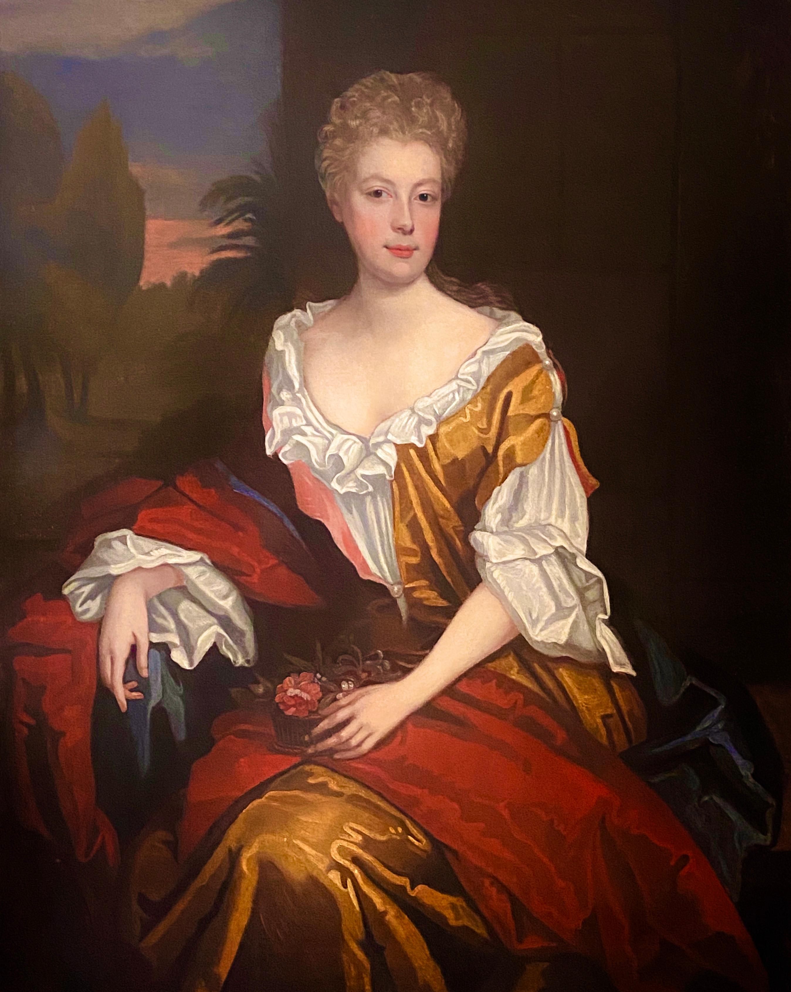 LATE 17TH CENTURY ENGLISH PORTRAIT - A LADY  IN A RED / YELLOW SILK DRESS c.1700 - Painting by Follower of Willian Wissing