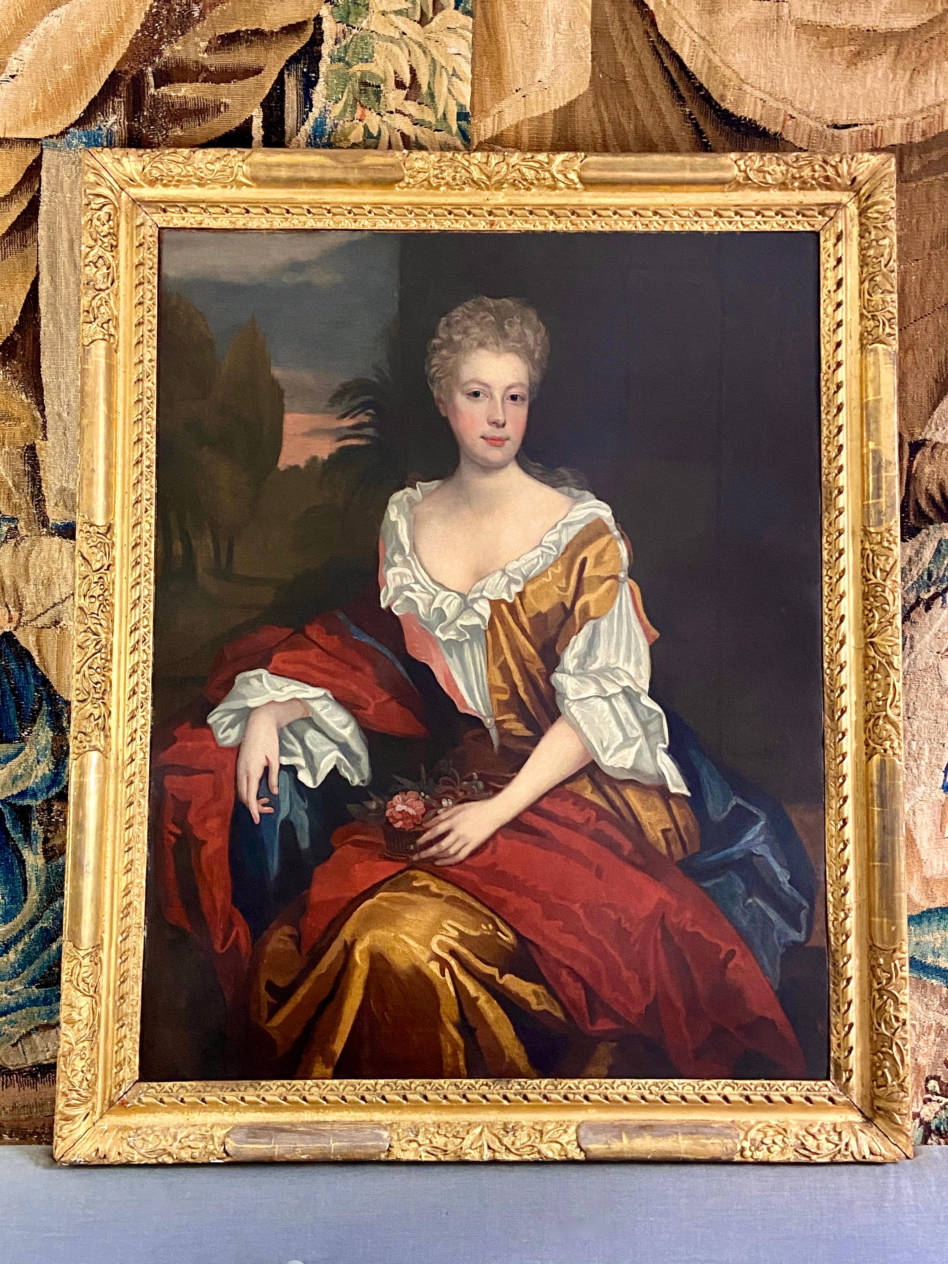 LATE 17TH CENTURY ENGLISH PORTRAIT - A LADY  IN A RED / YELLOW SILK DRESS c.1700 For Sale 1