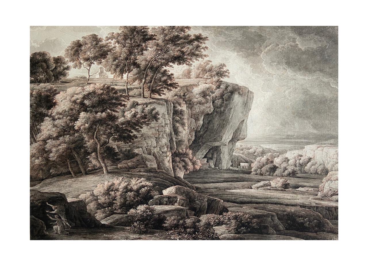 Abraham-Louis-Rodolphe Ducros Landscape Painting - 18th Century Classical Old Master Roman Landscape Drawing with Figures