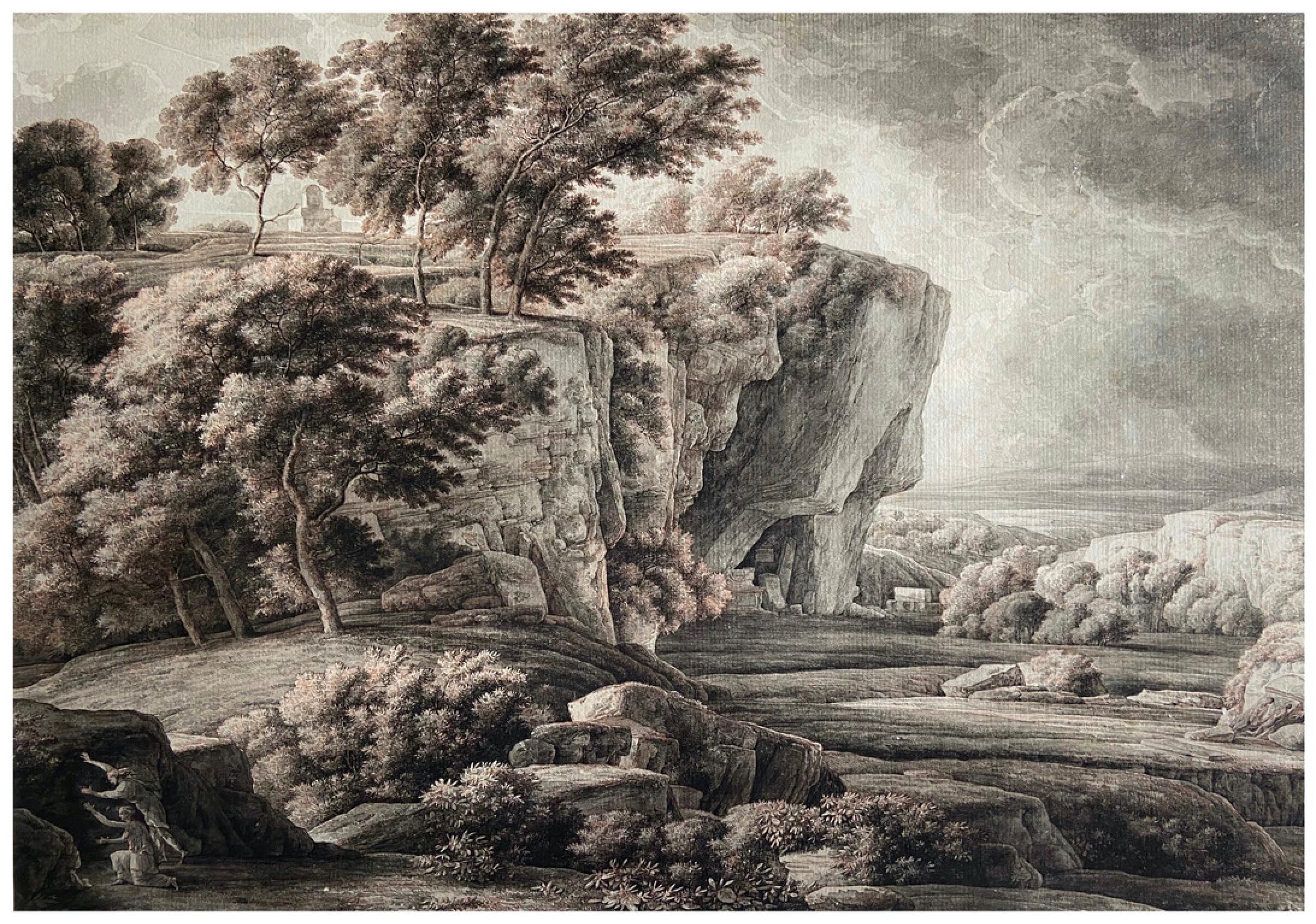 18th Century Classical Old Master Roman Landscape Drawing with Figures For Sale 2