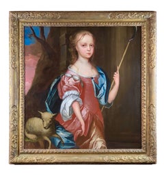Portrait à l'huile anglais du 17e siècle d'une jeune fille en bergère