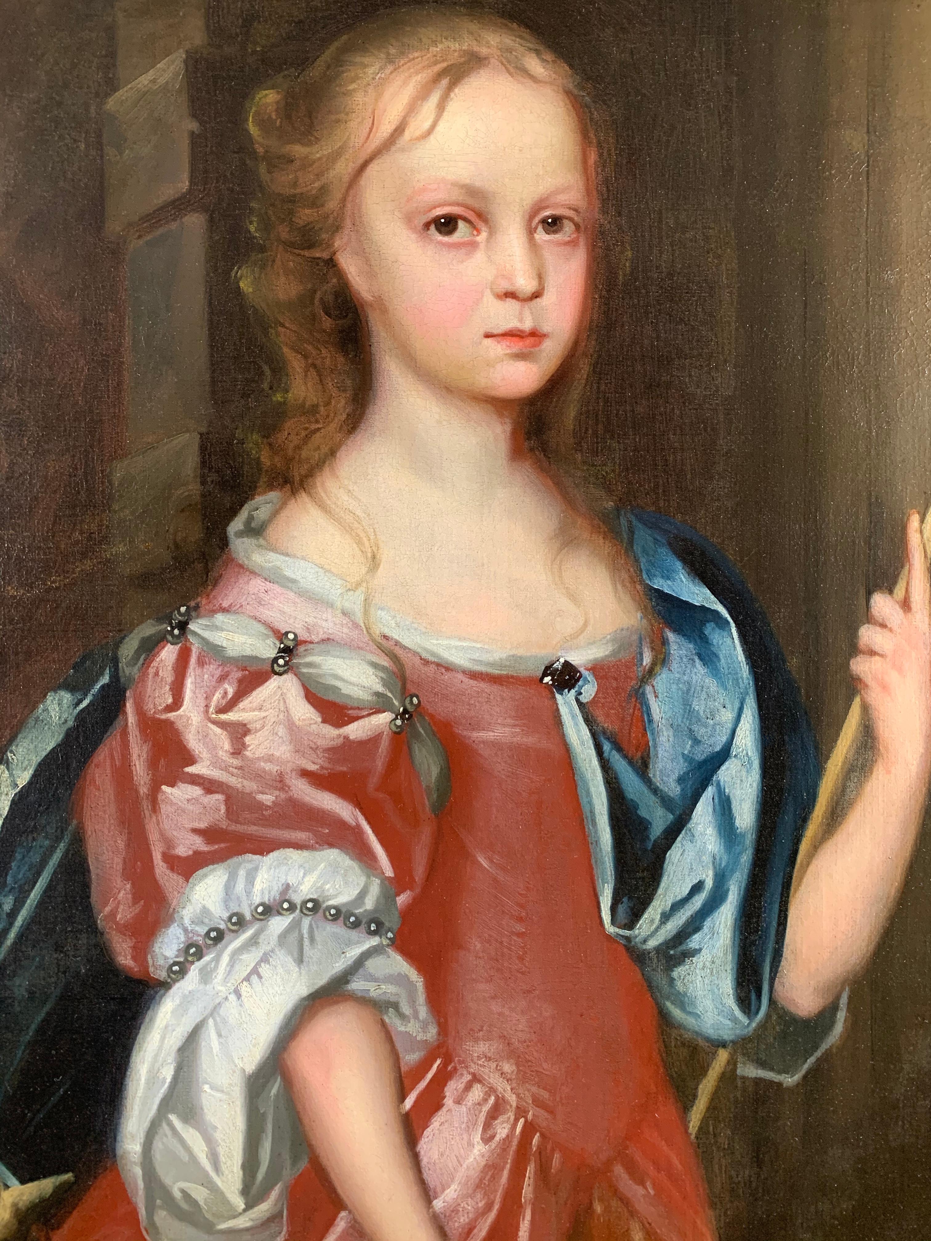17th Century English Oil Portrait of a Young Girl as a Shepherdess - Brown Interior Painting by Circle of Gerard Soest