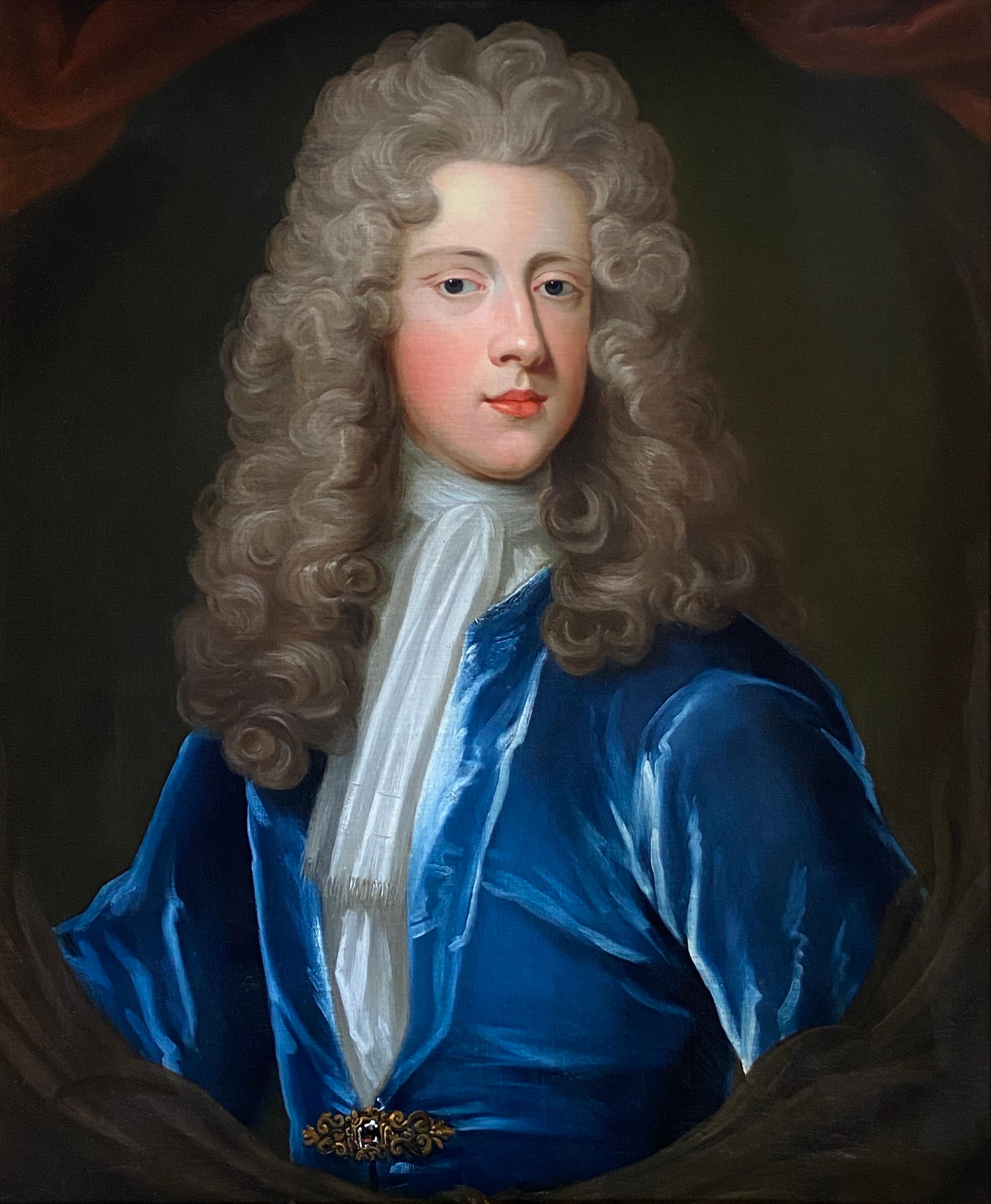 Attributed to Charles D'Agar  Interior Painting - 18TH CENTURY ENGLISH OIL PORTRAIT OF A YOUNG GENTLEMAN IN A BLUE VELVET COAT