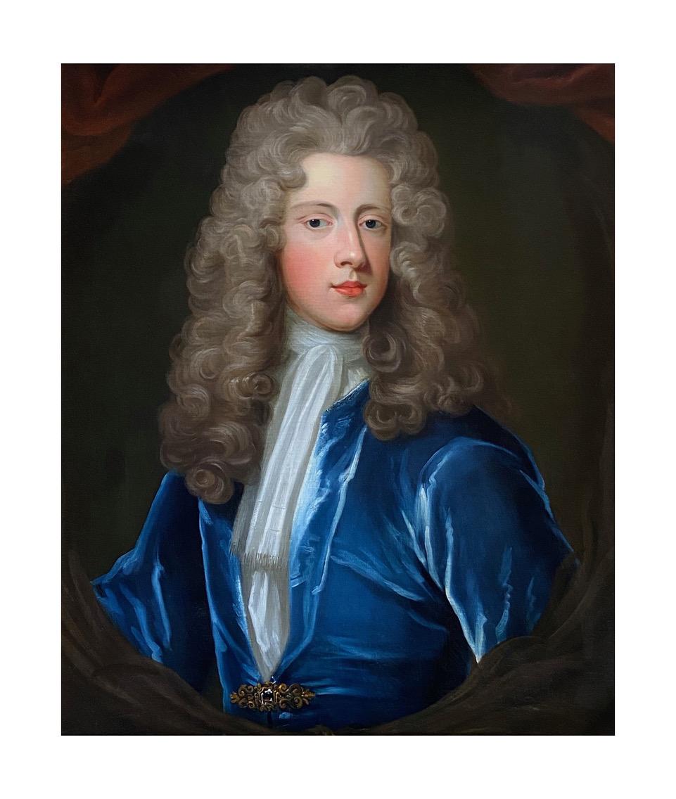 18TH CENTURY ENGLISH OIL PORTRAIT OF A YOUNG GENTLEMAN IN A BLUE VELVET COAT - Painting by Attributed to Charles D'Agar 