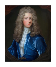 18TH CENTURY ENGLISH OIL PORTRAIT OF A YOUNG GENTLEMAN IN A BLUE VELVET COAT