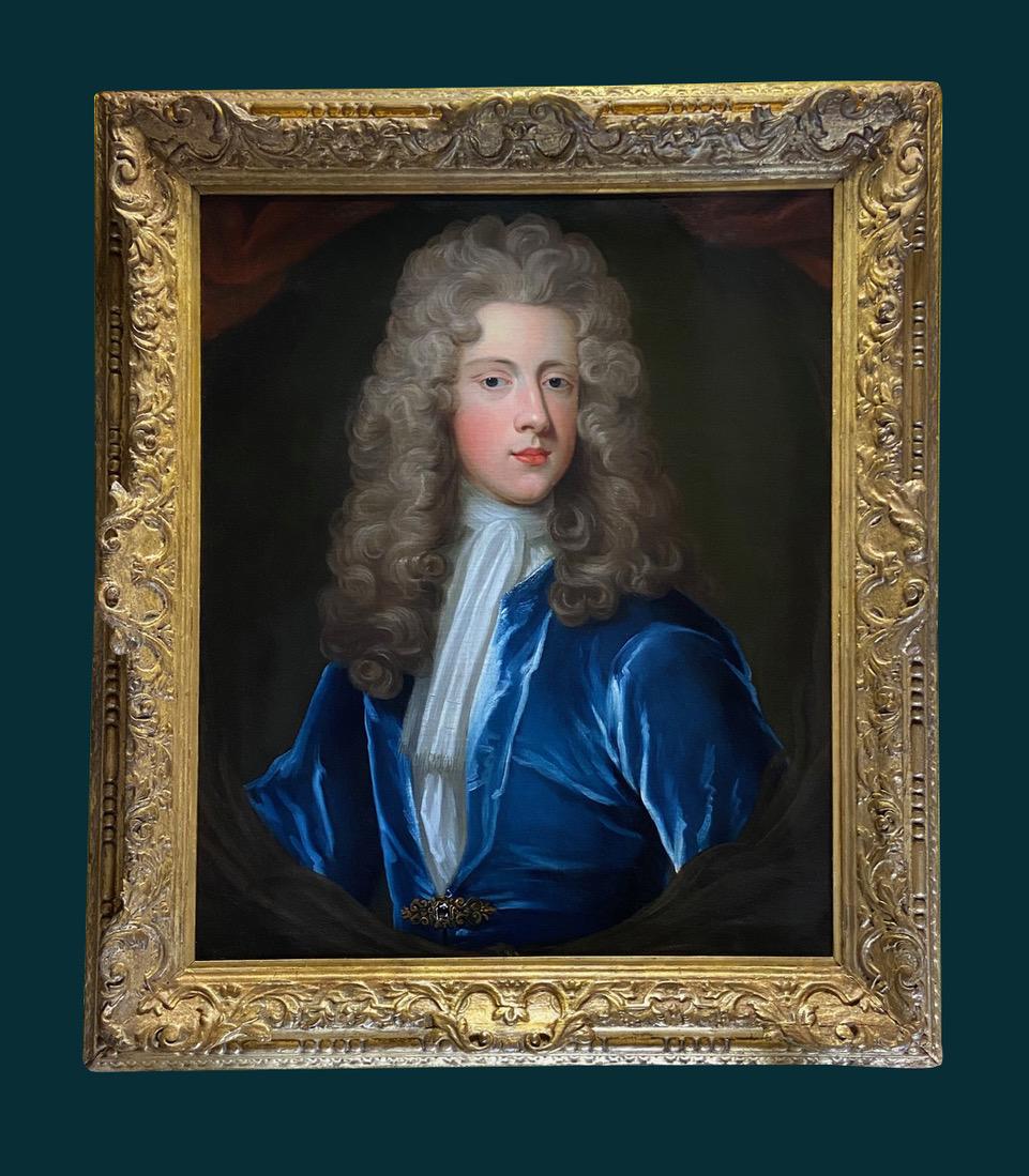 18TH CENTURY ENGLISH OIL PORTRAIT OF A YOUNG GENTLEMAN IN A BLUE VELVET COAT - Black Interior Painting by Attributed to Charles D'Agar 