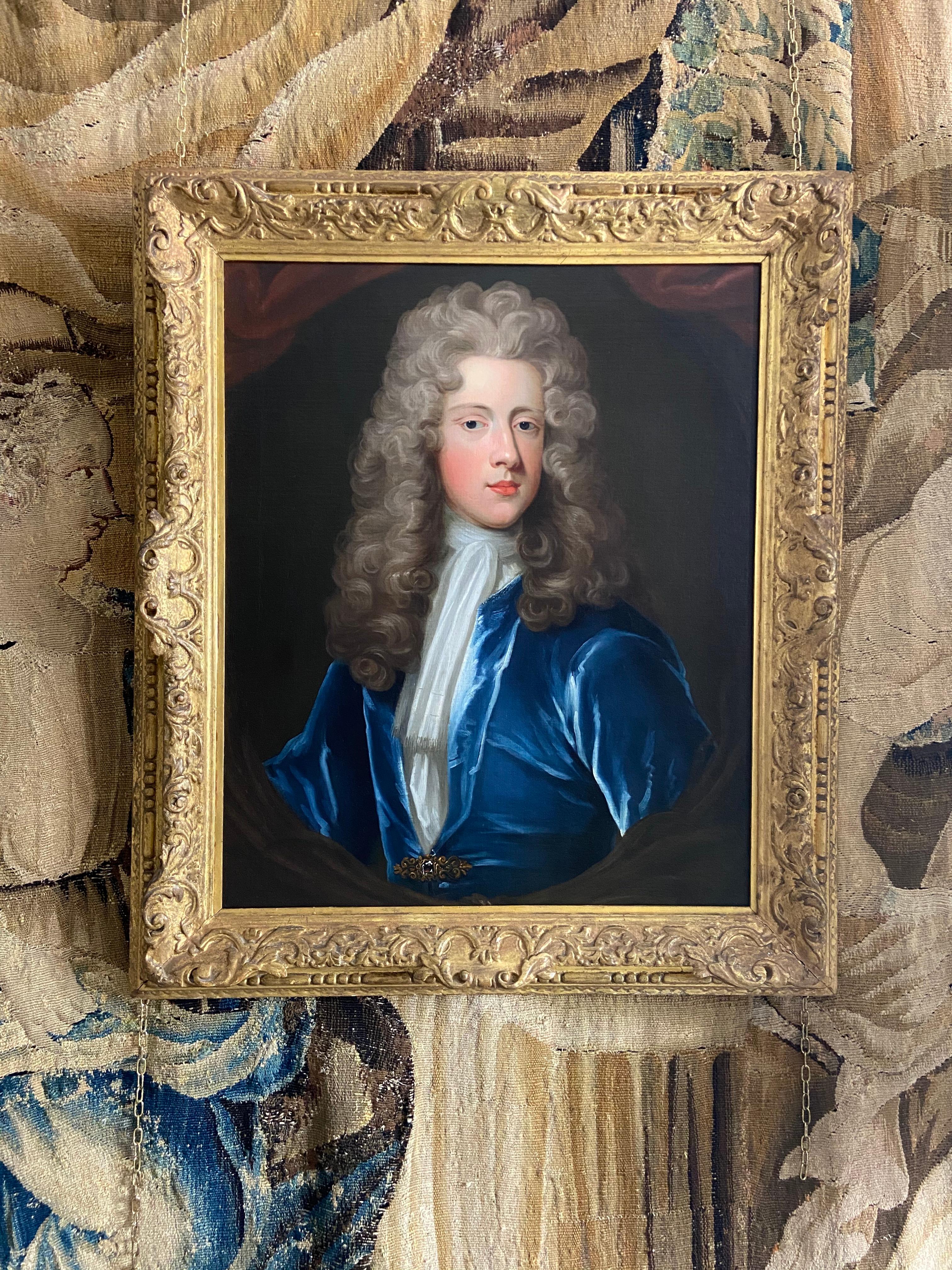 18TH CENTURY ENGLISH OIL PORTRAIT OF A YOUNG GENTLEMAN IN A BLUE VELVET COAT 2
