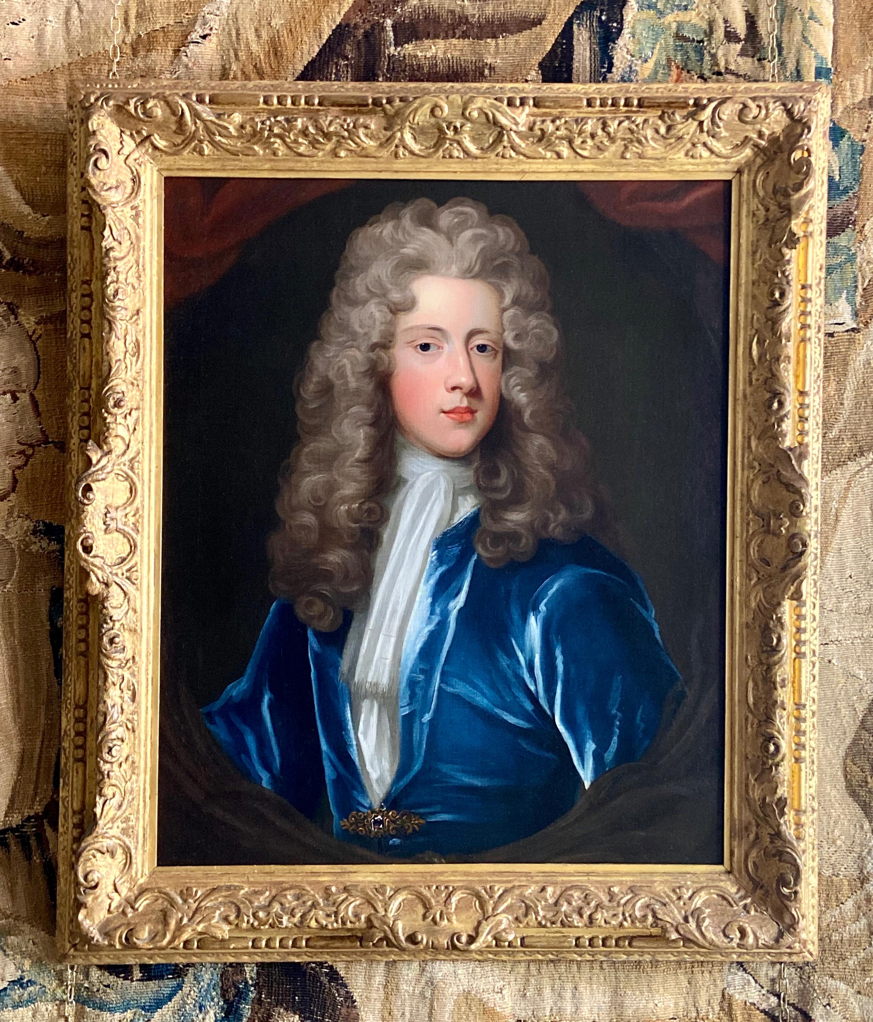 18TH CENTURY ENGLISH OIL PORTRAIT OF A YOUNG GENTLEMAN IN A BLUE VELVET COAT 3