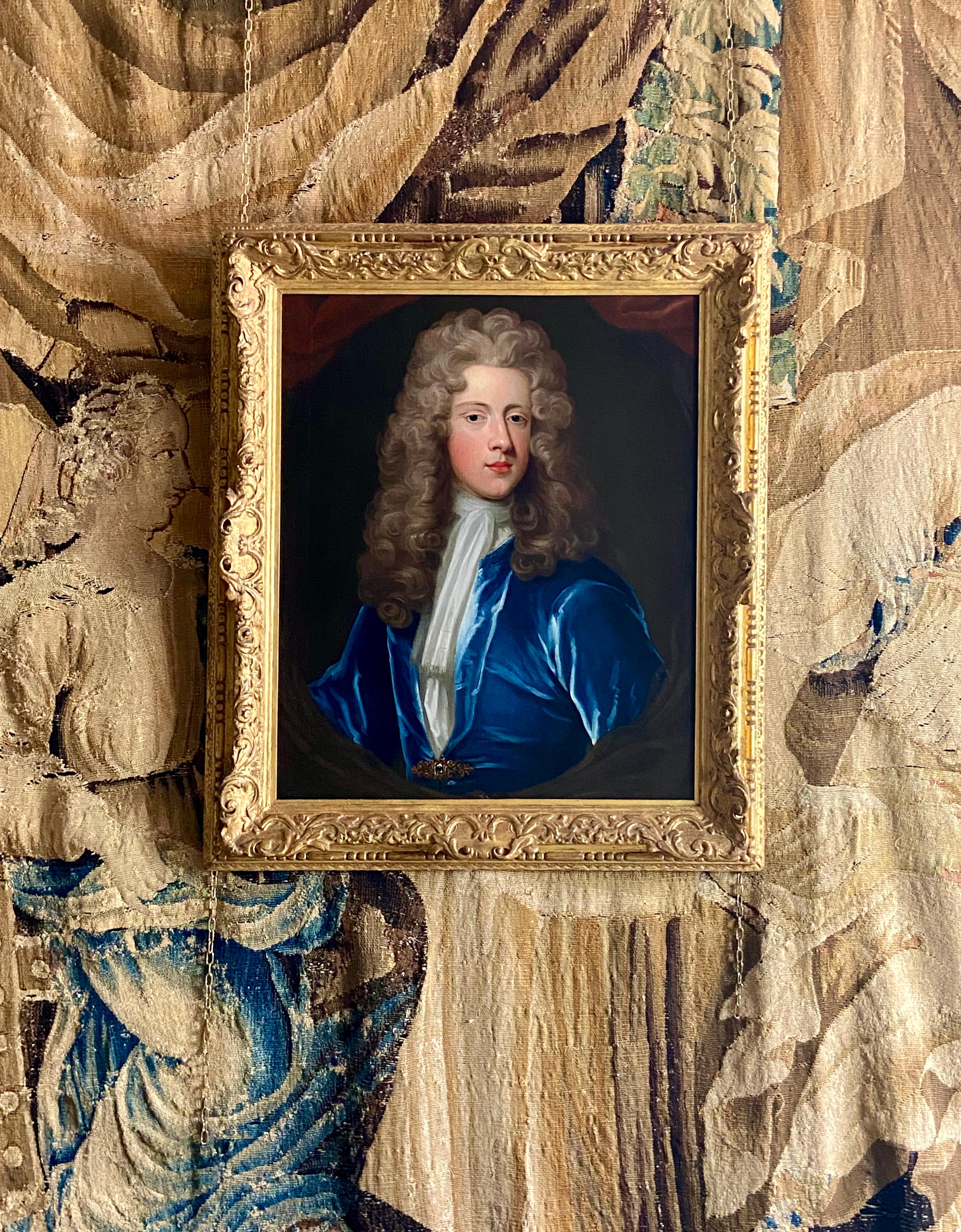 18TH CENTURY ENGLISH OIL PORTRAIT OF A YOUNG GENTLEMAN IN A BLUE VELVET COAT 5