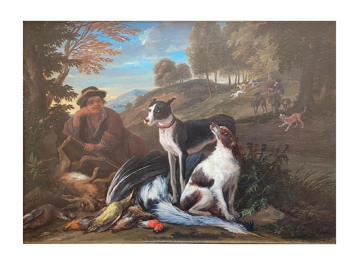 A Fine Pair of 17th Century Oil Portraits of Hunting Hounds or Dogs - Painting by ADRIAEN DE GRYEF