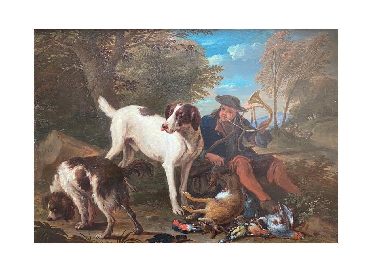 A Fine Pair of 17th Century Oil Portraits of Hunting Hounds or Dogs - Black Animal Painting by ADRIAEN DE GRYEF